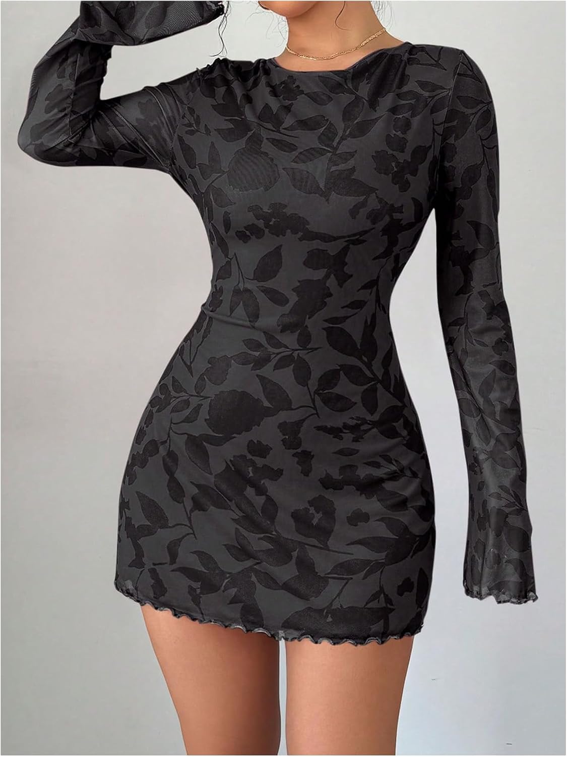 MakeMeChic Women's Floral Print Long Sleeve Mini Dress Mesh Backless Y2k Going Out Dresses - Image 4