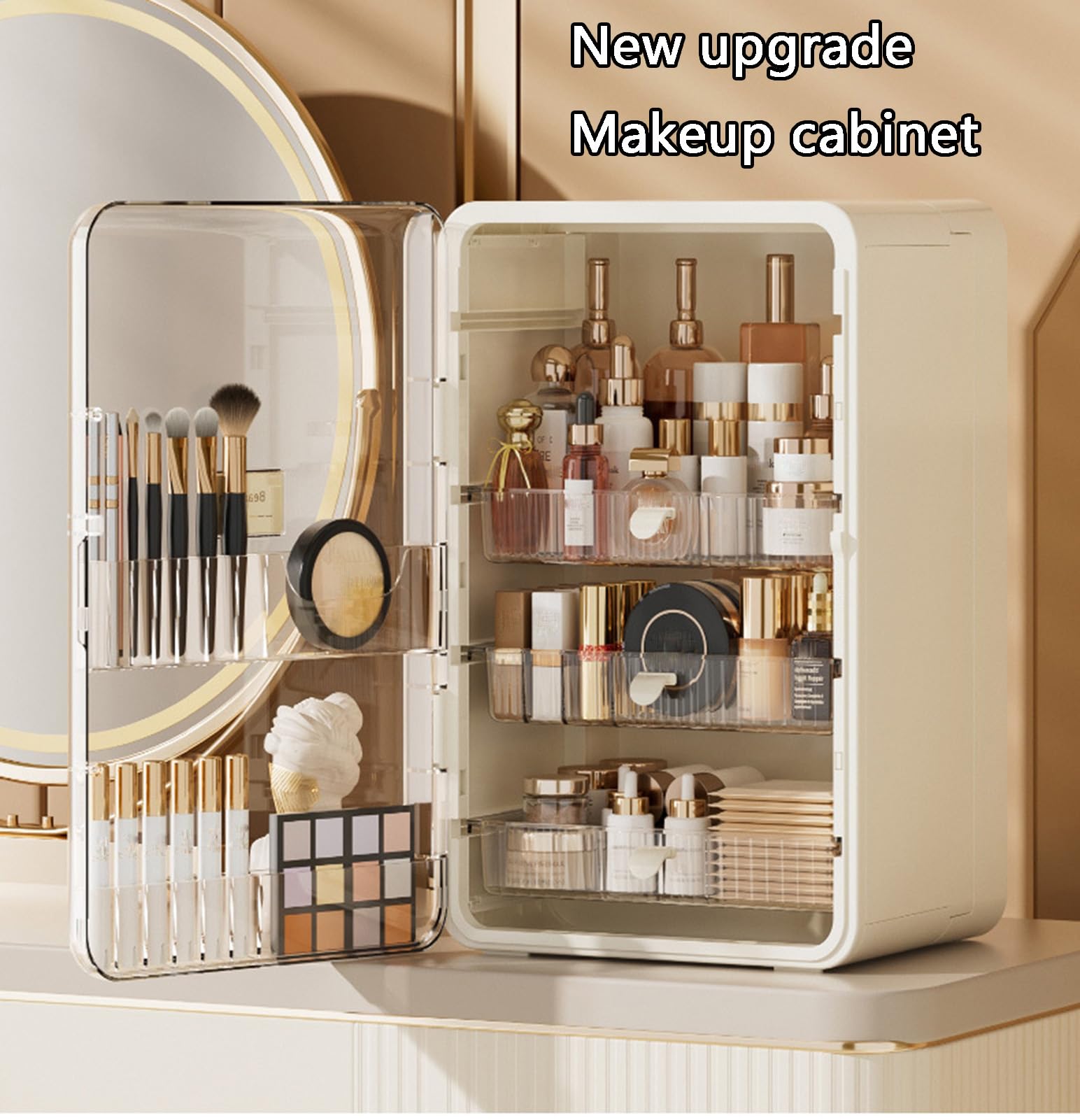 Make-up-Organizer, Hautpflege-Organizer für den Schminktisch, große Kosmetikvitrine mit Kunststoffschublade, Aufbewahrungsorganizer, Make-up-Pinselhalter für Kommode und Badezimmerablage (Beige)