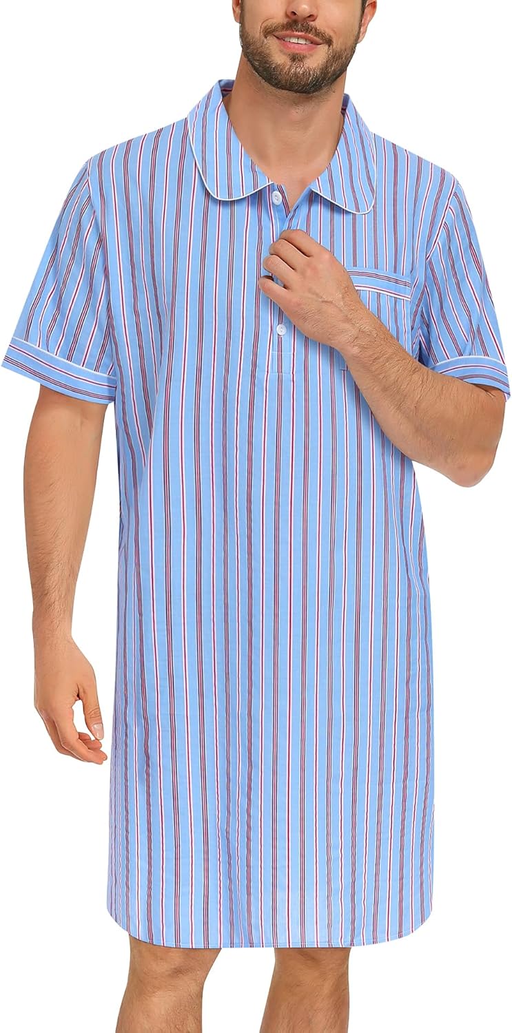 SWOMOG Men's Nightshirt 100% Cotton Short Sleeve Nightgown Button Down Sleep Shirt Soft Sleepwear Comfy Nightwear - Image 2