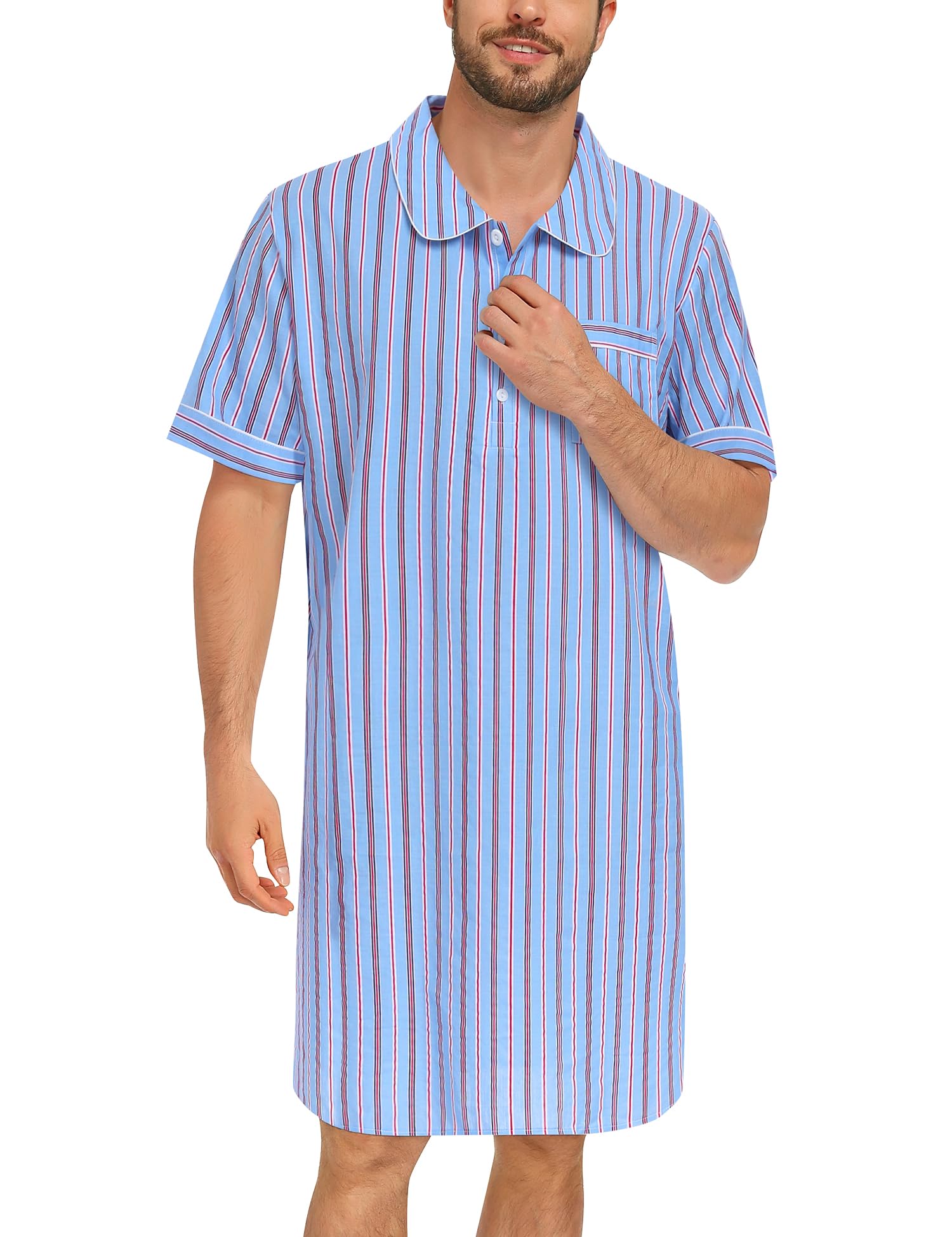 Men's Nightshirt 100% Cotton Short Sleeve Nightgown Button Down Sleep Shirt Soft Sleepwear Comfy Nightwear-image-34
