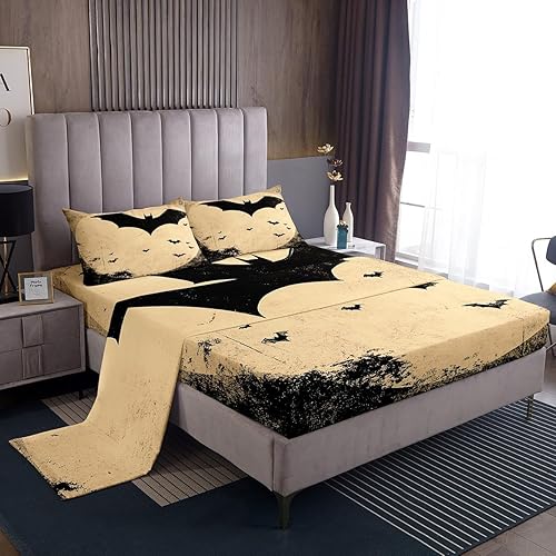 Erosebridal Juego de sábanas de Halloween con diseño de murciélagos negros de terror, diseño de árboles espeluznantes, para adultos, hombres y