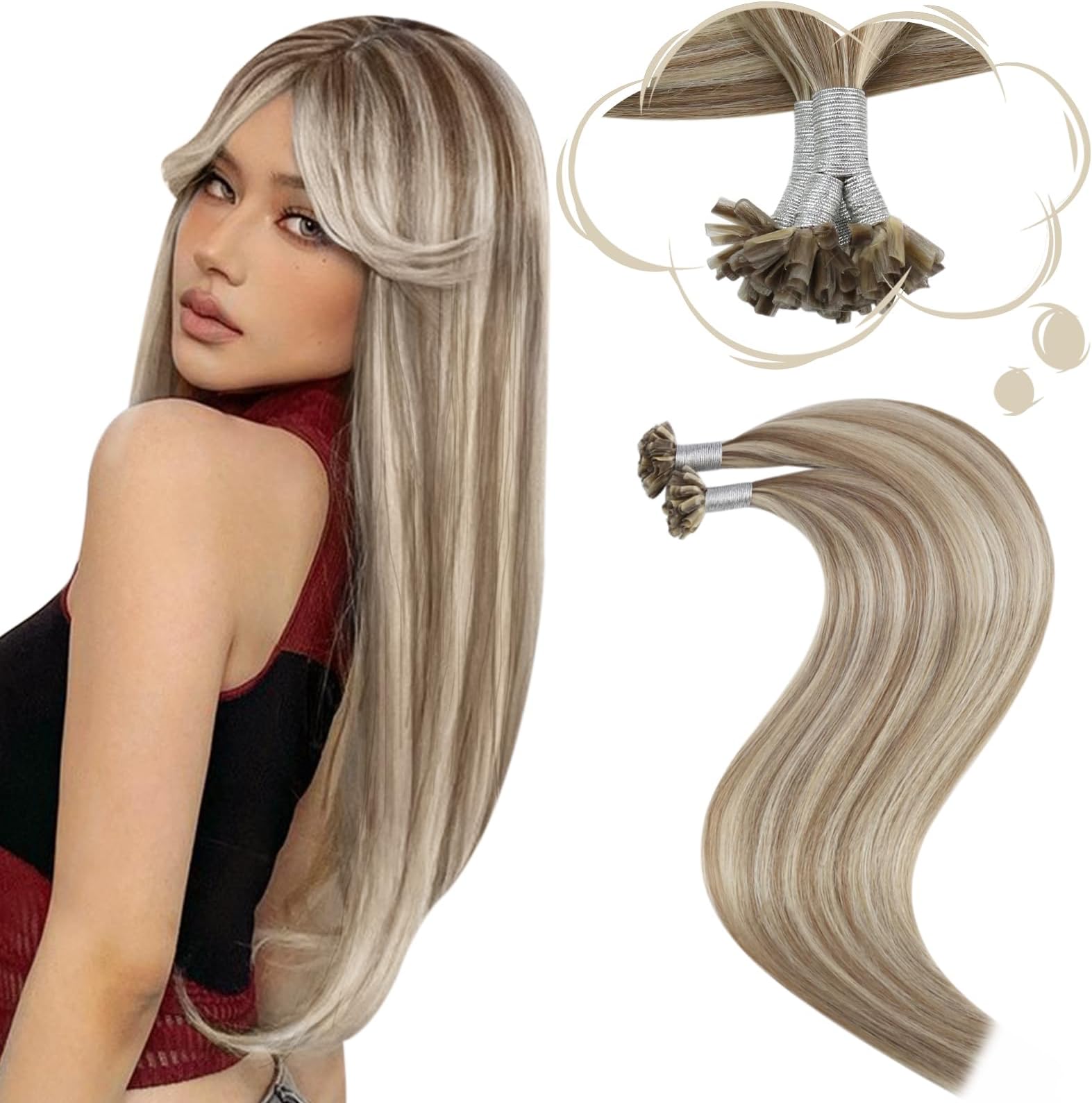 Moresoo Keratin U Tip Hair Extensions Nail Tips 20 Inch Pre Bonded U Tip Hair Extensions Human Hair 50 Strands Keratin Fushion Human Hair Extensions 100% Real Hair Utip Extensions 50 Gram Color 9Ap60