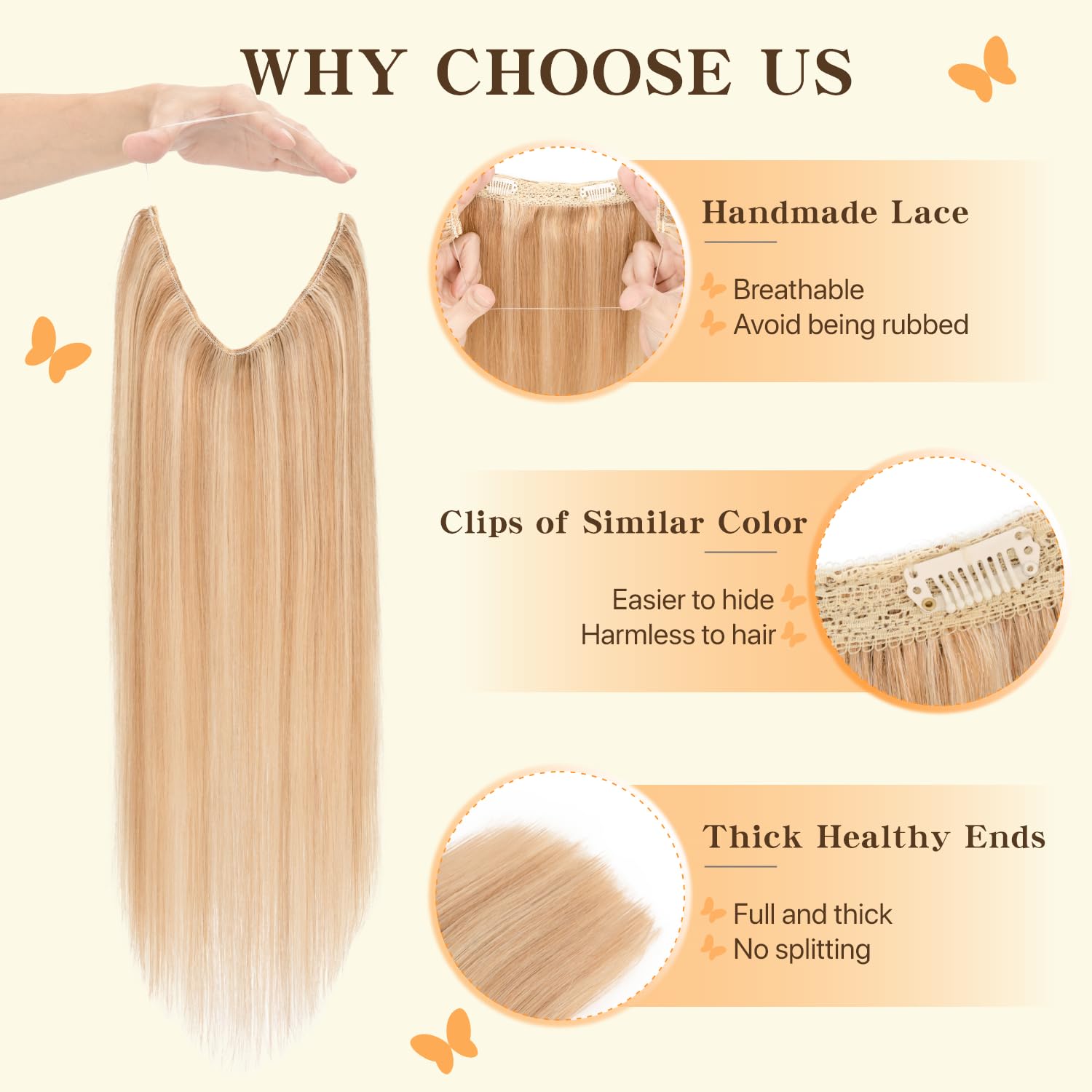 TESS Halo & Clip in Hair Extension 100% Real Human Hair Wig One Piece Adjustable Invisible Transparent Wire with 2 Secure Clips for Women UK #12P613 Golden Brown & Bleach Blonde 16 inch 65g - Image 3