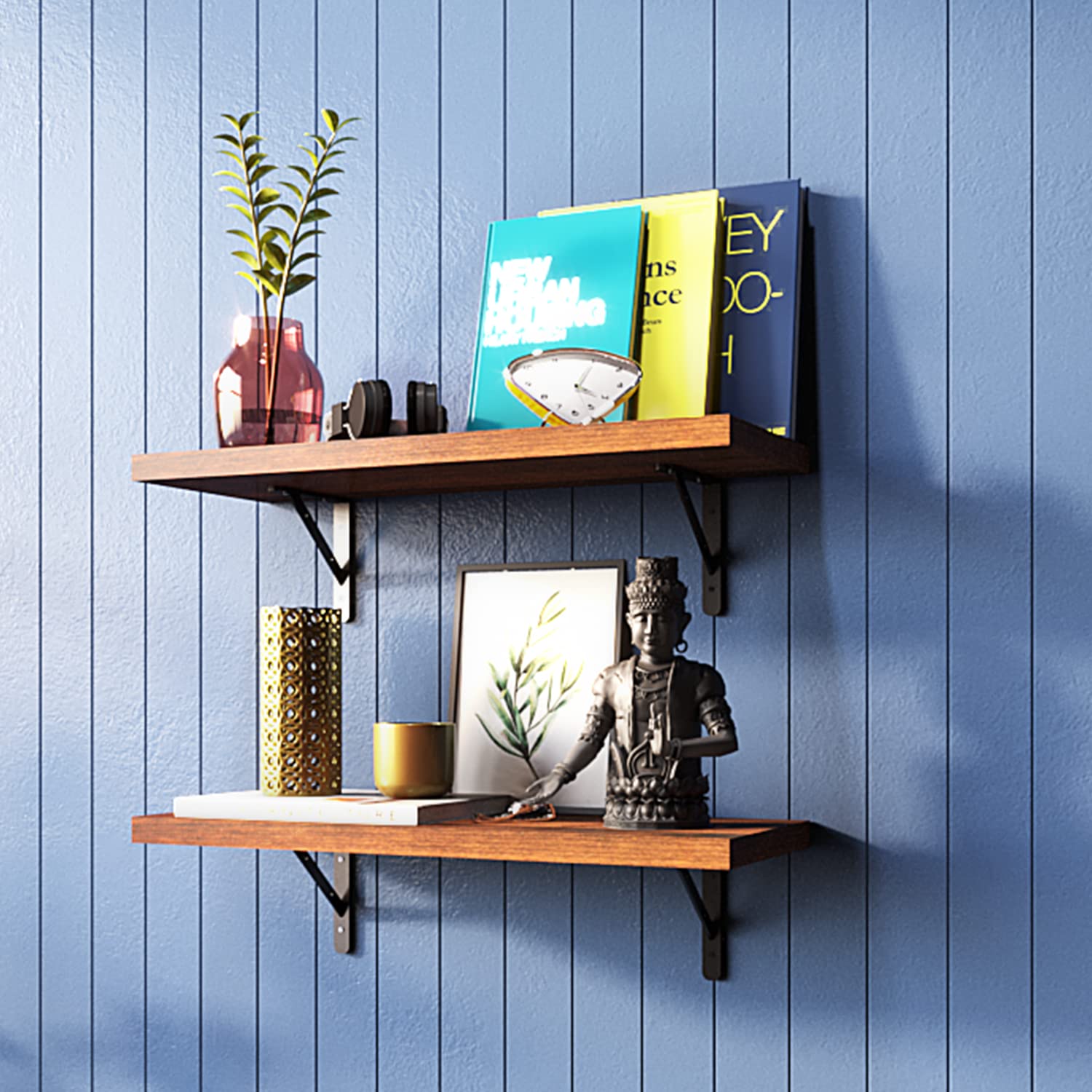 Klaxon Wood & Metal Eric Wall Mounted Floating Shelves | Display Ledge Shelf | Kitchen/Office/Room Storage Rack (16 * 6 Inches, Brown & Black, Set of 2)