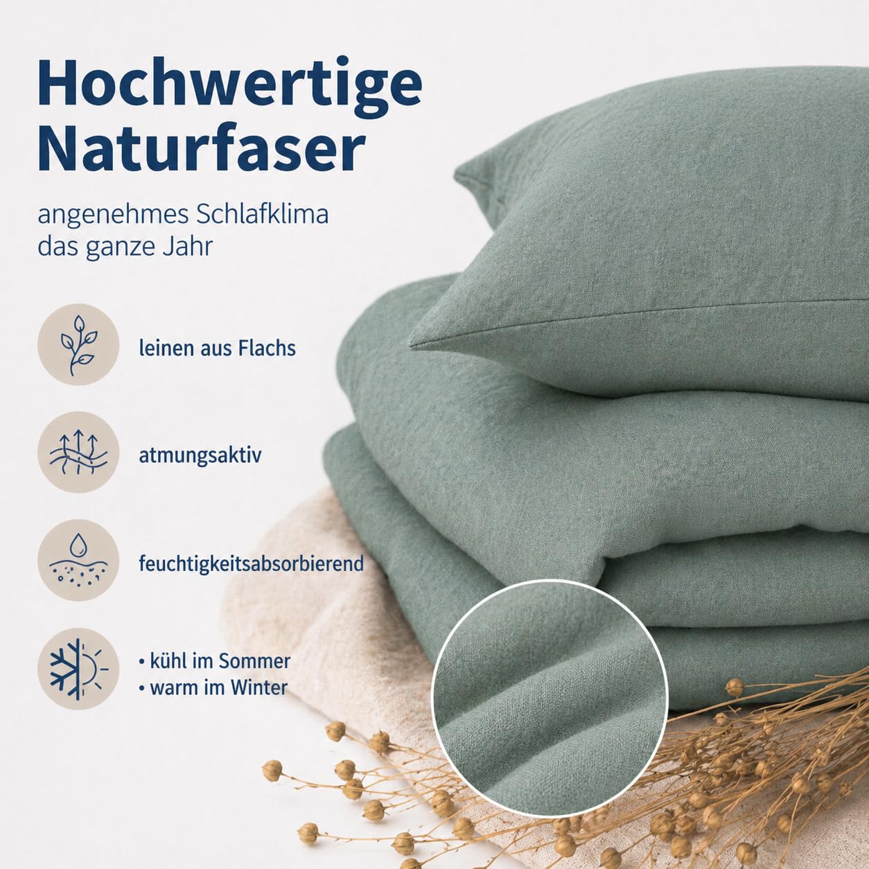 BLUE MOON Bettwäsche 135x200 Leinenbettwäsche [ÖKO-TEX] - 2teilig - 1 Bettbezug 135 x 200 + 1 Kissenbezug 80x80 cm - Luxuriöse Leinen Bettwäsche aus 100% Leinen - Made in EU - Stone Washed - grün