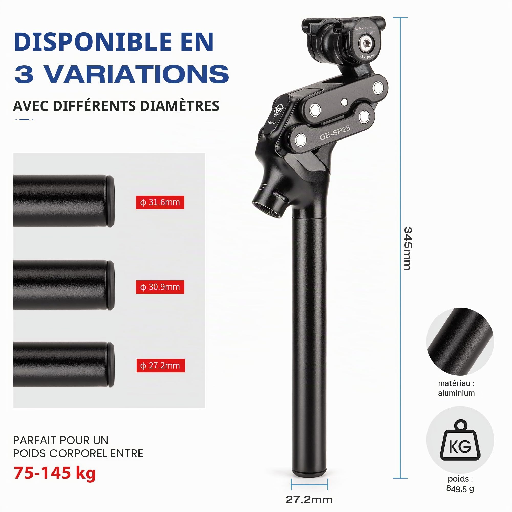 GEWAGE Tige de Selle à parallélogramme 4 Bras – Tige de Selle Suspendue Premium, débattement 37 mm, Design Ergonomique, Aluminium, sans Entretien, idéale pour VTT / E-Bike / Ville