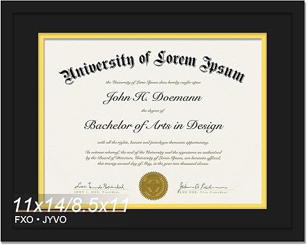Fxojyvo Black 11x14 Diploma Frame, Display Document 8.5 x 11 with Mat or 11 x 14 Without Mat, Certificate Frame with Black&Gold Mat for Masters Associates Bachelor Degree - 1 Pack