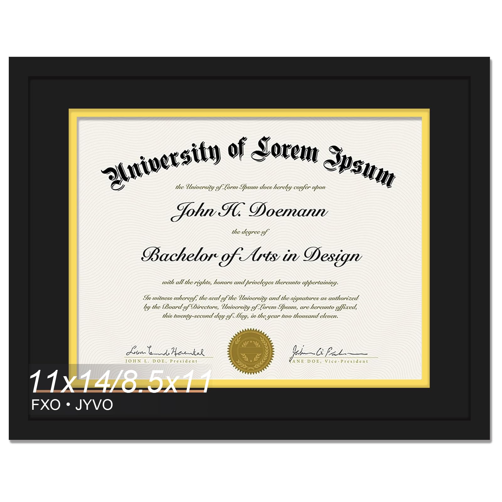 Black 11x14 Diploma Frame, Display Document 8.5 x 11 with Mat or 11 x 14 Without Mat, Certificate Frame with Black&Gold Mat for Masters Associates Bachelor Degree - 1 Pack