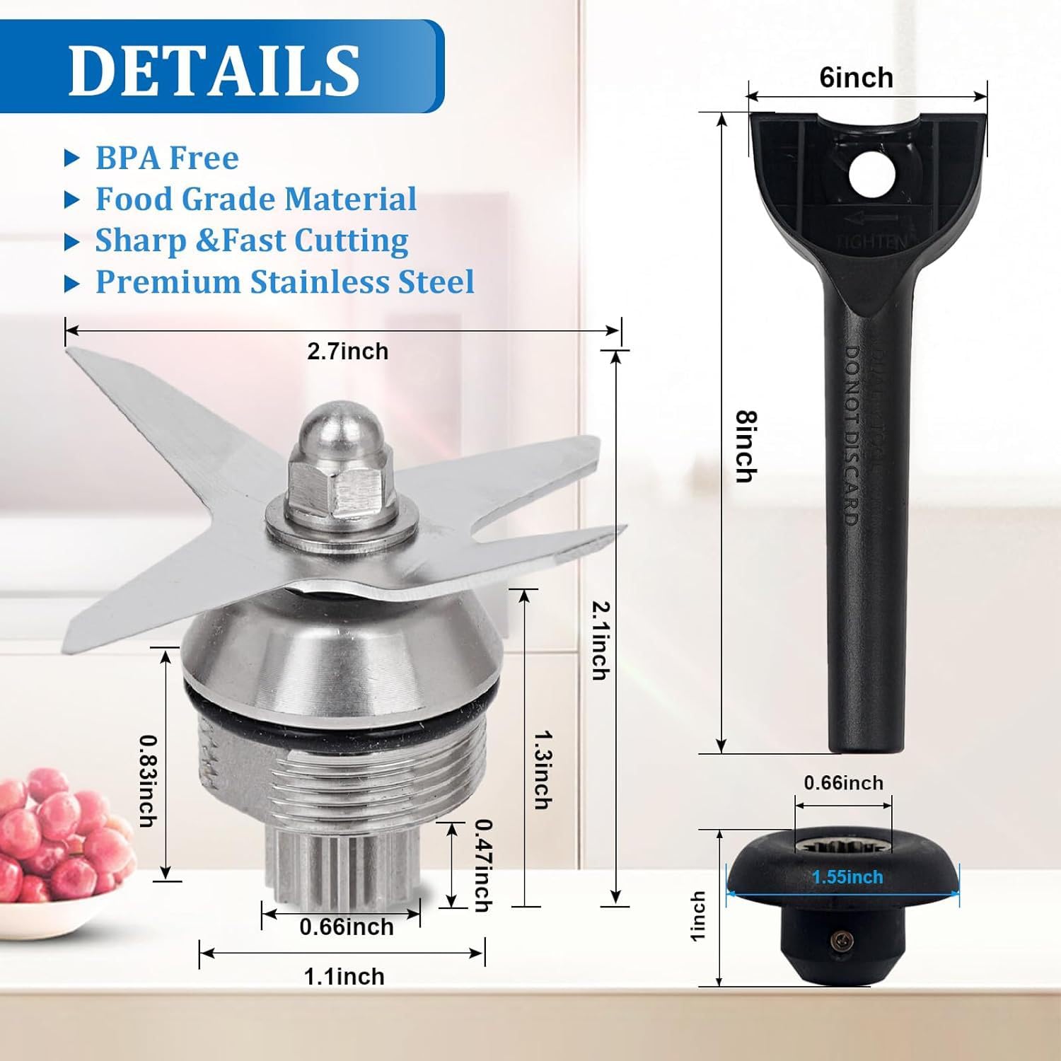 Lama di Ricambio Frullatore per Vitamix 64oz 32oz, Gruppo Lame in Acciaio Inox con Presa di Trascinamento e Chiave