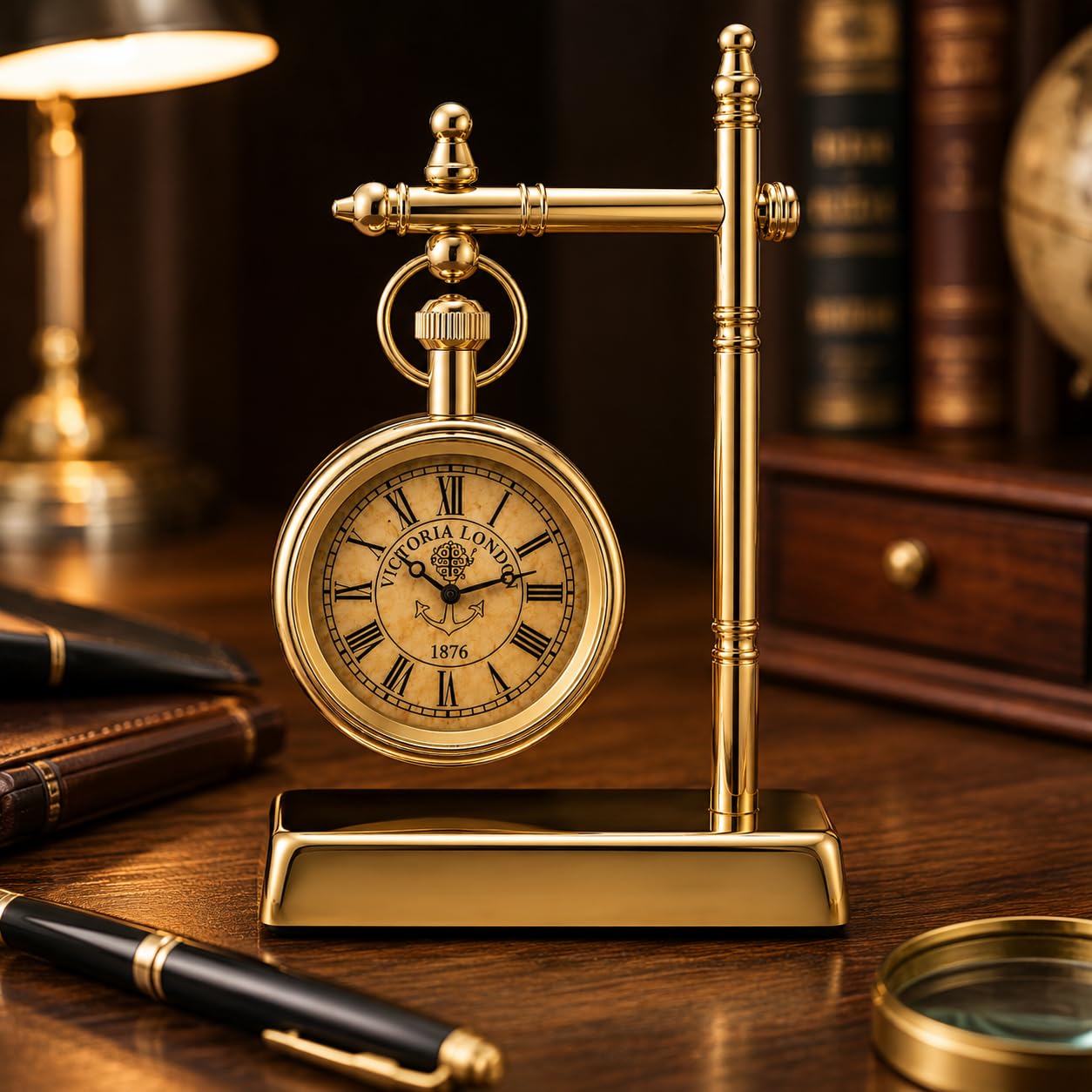 Victorian Table Clock Decorative Accent, Vintage Brass Display