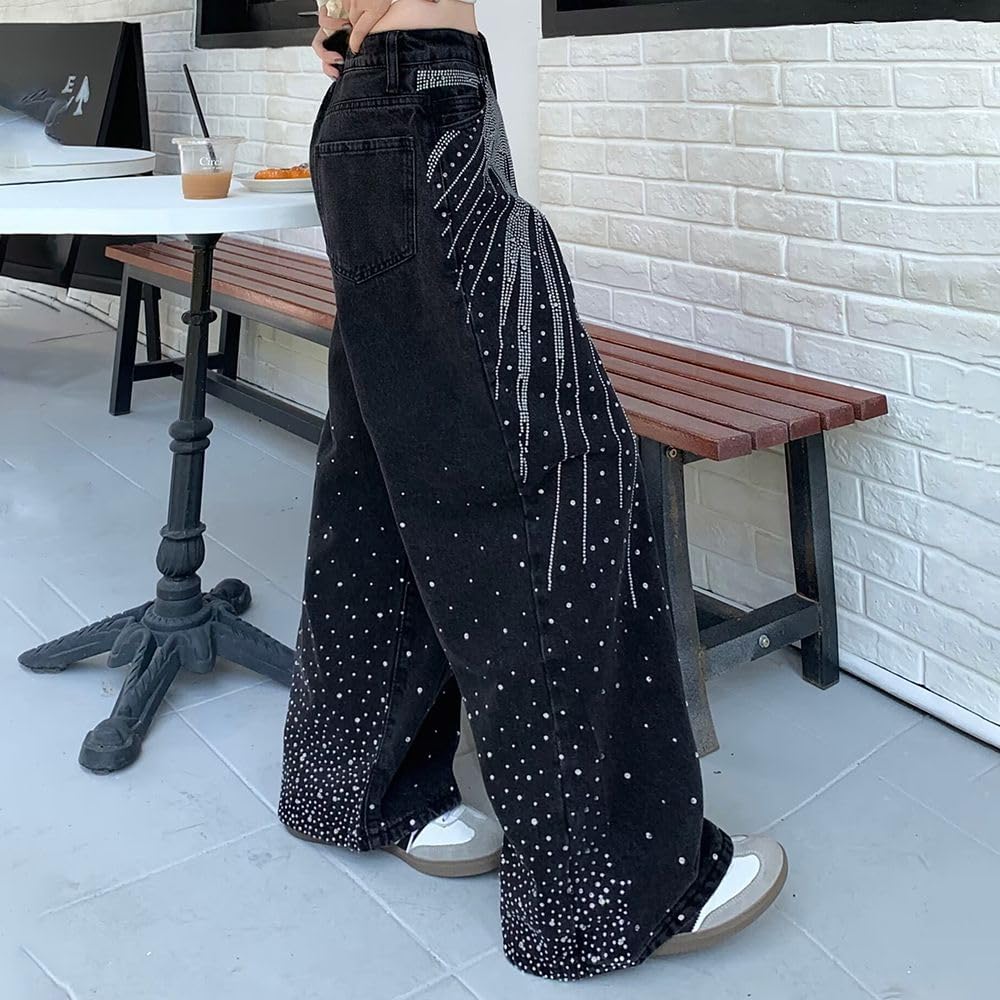 High Waisted Wide Leg Black Flare Baggy Jeans for Women Trendy Rhinestone Star Y2K Comfort Fit Trousers Pants