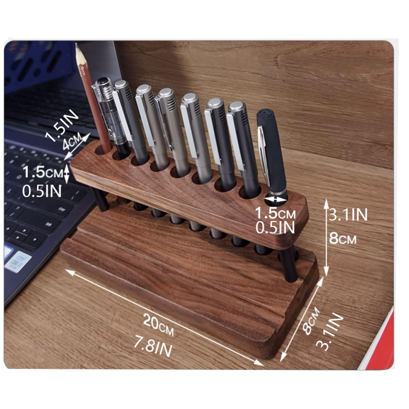 Portapenne in legno poroso e alluminio, organizer da scrivania multiforo con base antiscivolo, contenitore for cancelleria in massello