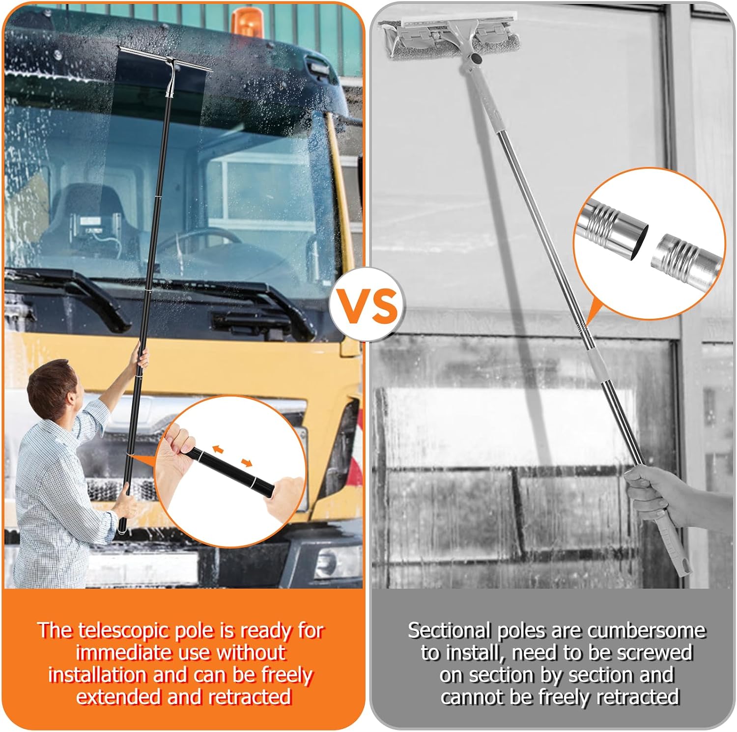 Max 62'' Metal Squeegee with Extension Pole for Window, Glass Door, Mirror,12'' Wide Telescopic Shower Squeegee Cleaner With Long Handle for Cleaning Tile Wall, Floor, Car, Bathroom,Screen, Windshield