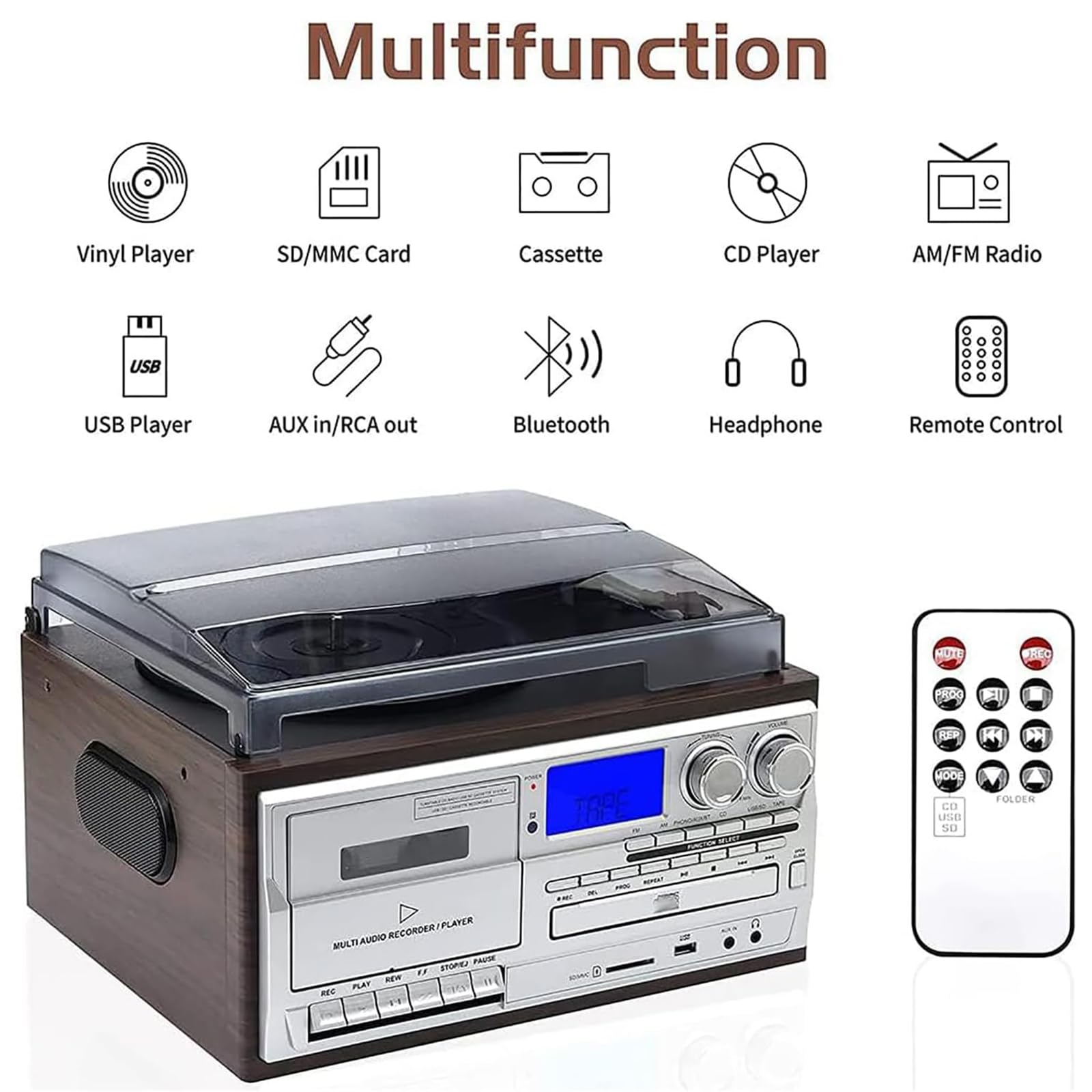 Klasyczny gramofon Bluetooth, gramofon winylowy, wbudowane głośniki - 3 prędkości, CD/Bluetooth/Kaseta/Dysk USB/Wejście/Wyjście/Transkrypcja, z matową osłoną przeciwkurzową,A