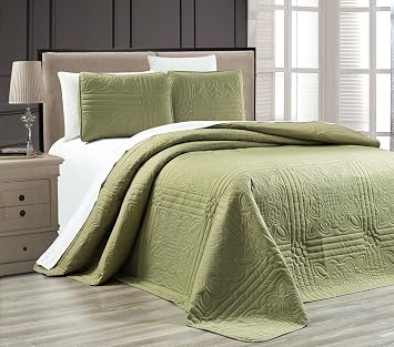 Grand Linen - 3-Piece Dark SAGE Green Oversize Stella Grande Bedspread King/Cal King Embossed Coverlet Set 118 by 106-Inch