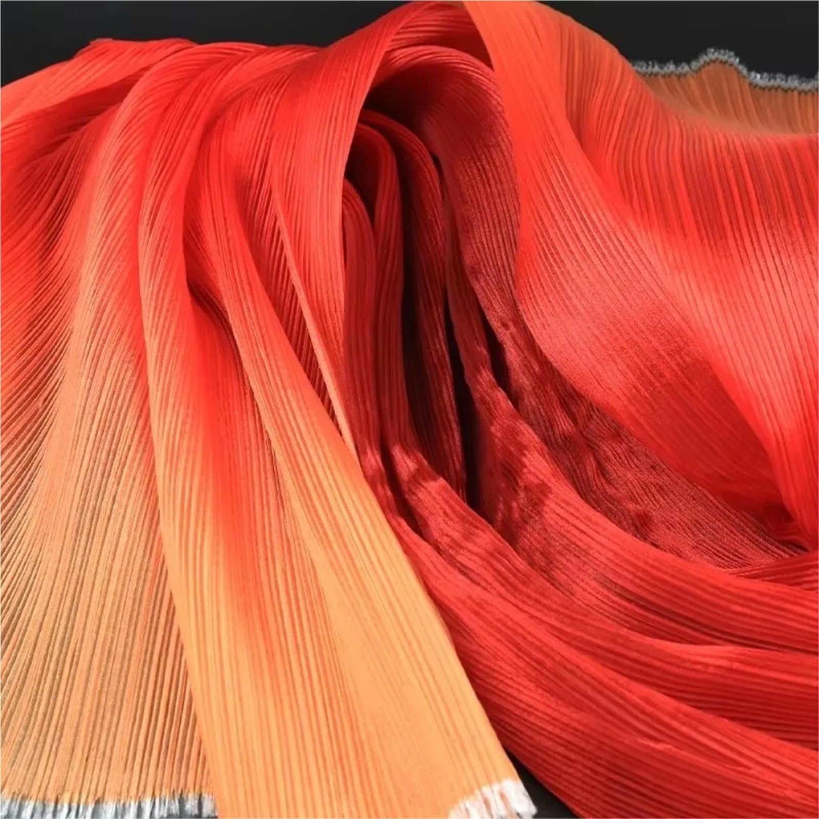 Gradient Color Pleated Texture Fabric DIY Handmade Organza Mesh Fabric Bright Designer Fabric Wedding Background Fabric for Sewing(Orange-red)