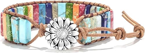 sedmart Pulseras de 7 Chakras para Mujer con Piedras Reales Pulsera de Cuero Envolvente con Cuentas Curativas Pulsera de Cuero para Mujer y Hombre