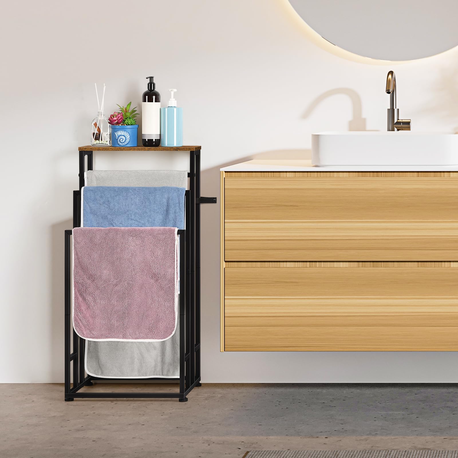 3 Niveaux Porte Serviette Salle de Bain Porte Serviette sur Pied Marron