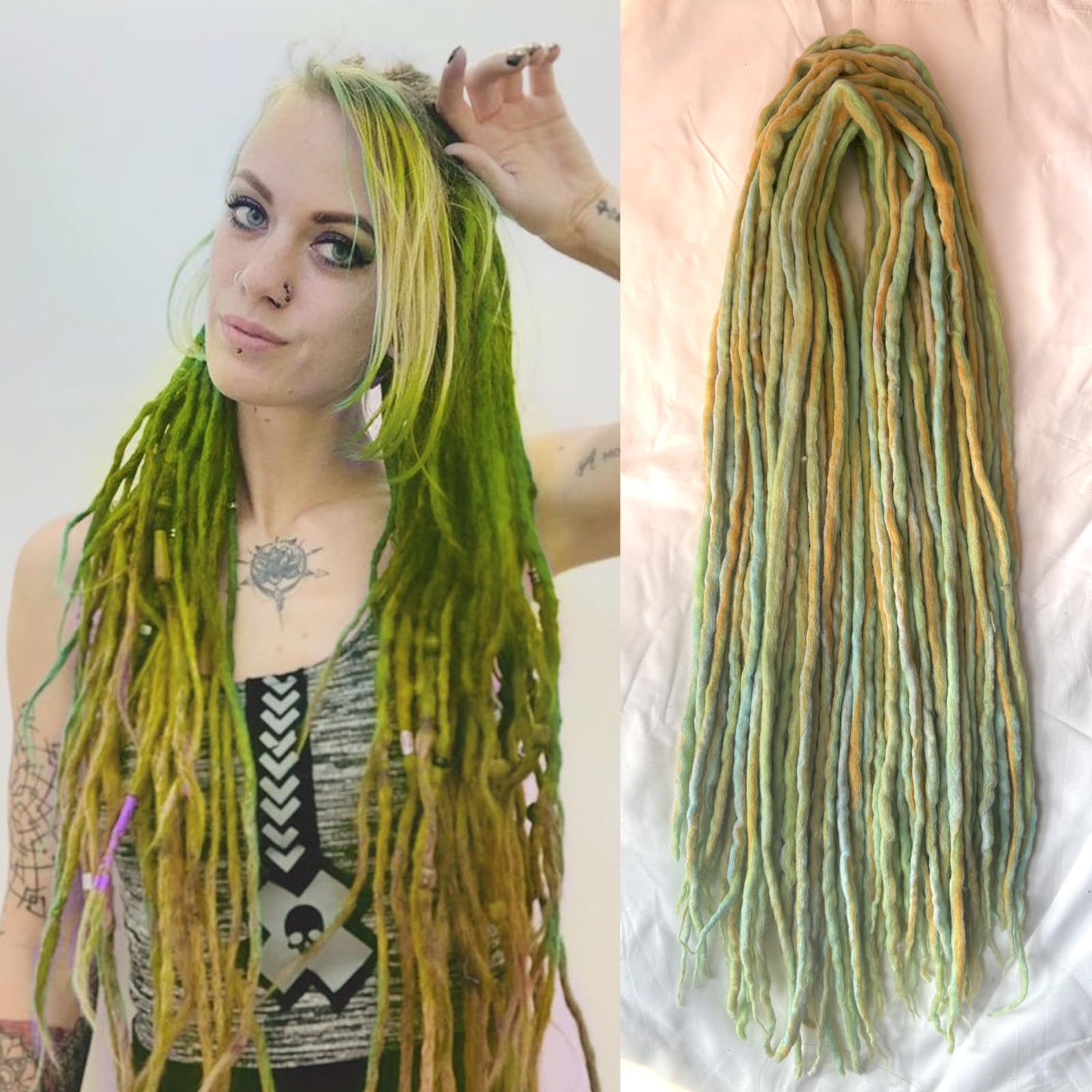 Photo 1 of Mixed Yellow and Green Wool Dreadlock Extensions 22 Inches Double Ended Hippie Single Dreads Extensions DE Ends 15 Strands Handmade Locs Extensions Reggae Style Crochet Hair for Wome