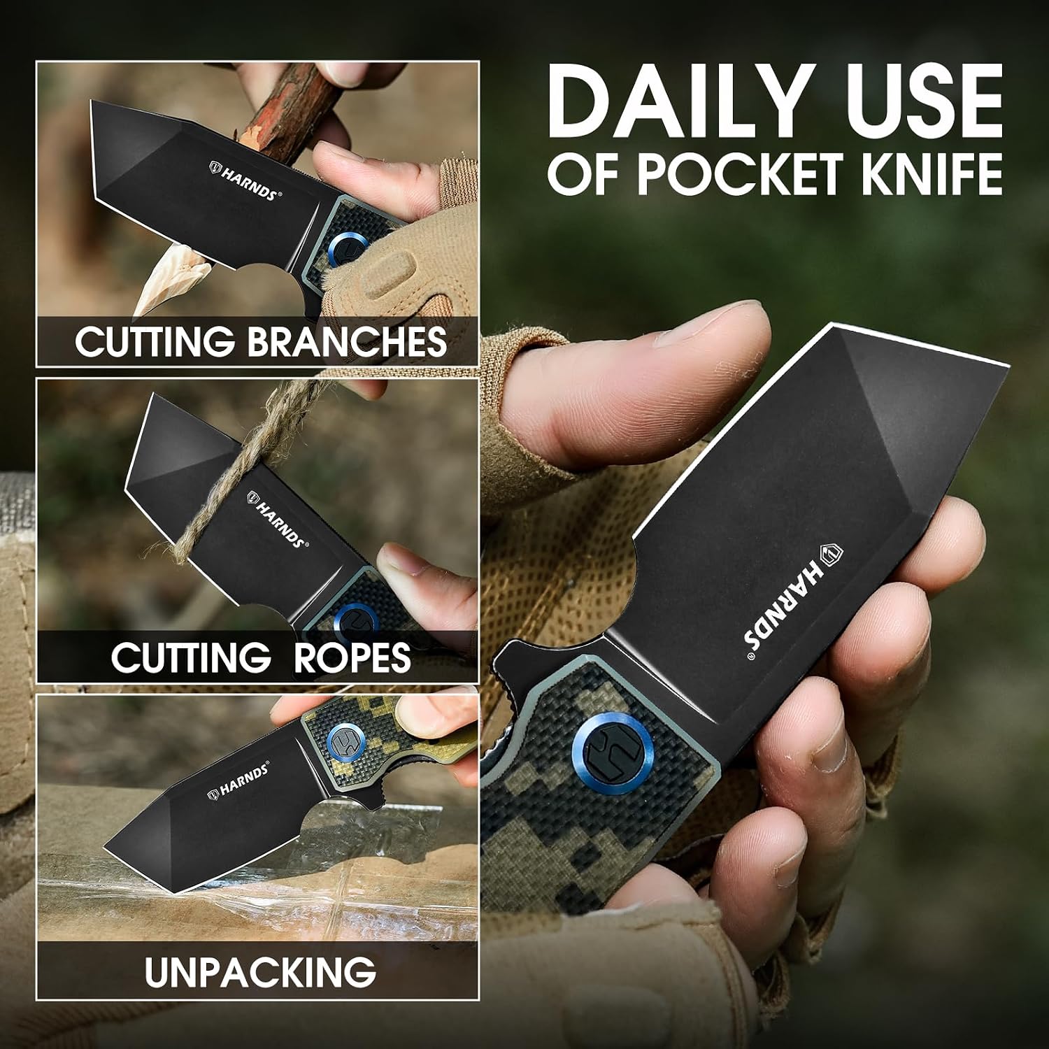 Harnds Pocket Knife D2 Steel Blade Folding Knife Tanto Blade EDC with Pocket Clip, G10 Handle, Sharp Survival Hiking Knives Revenant (Camo-Black Titanium then Stonewash)