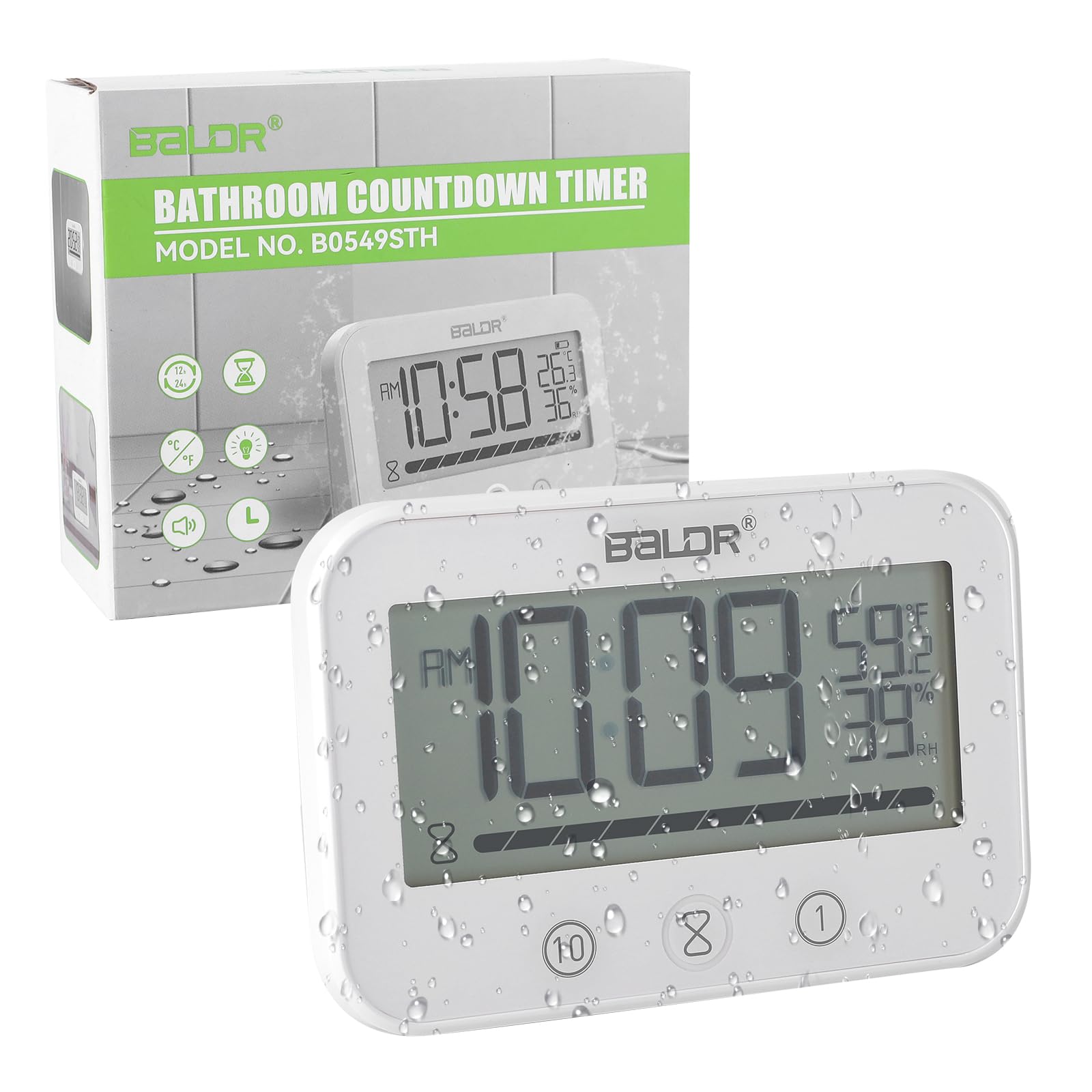 ZONJIE Orologio da doccia – Timer da doccia impermeabile per bagno, conto alla rovescia, orologio da bagno alimentato a batteria con indicatore di temperatura e umidità