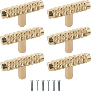 Bikasun 6 Pack Golden Cabinet Handles in T-Shape, Gold Drawer Furniture Knobs T-Bar, Single-Hole Kitchen Handles with Screws, for Bathroom Wardrobes