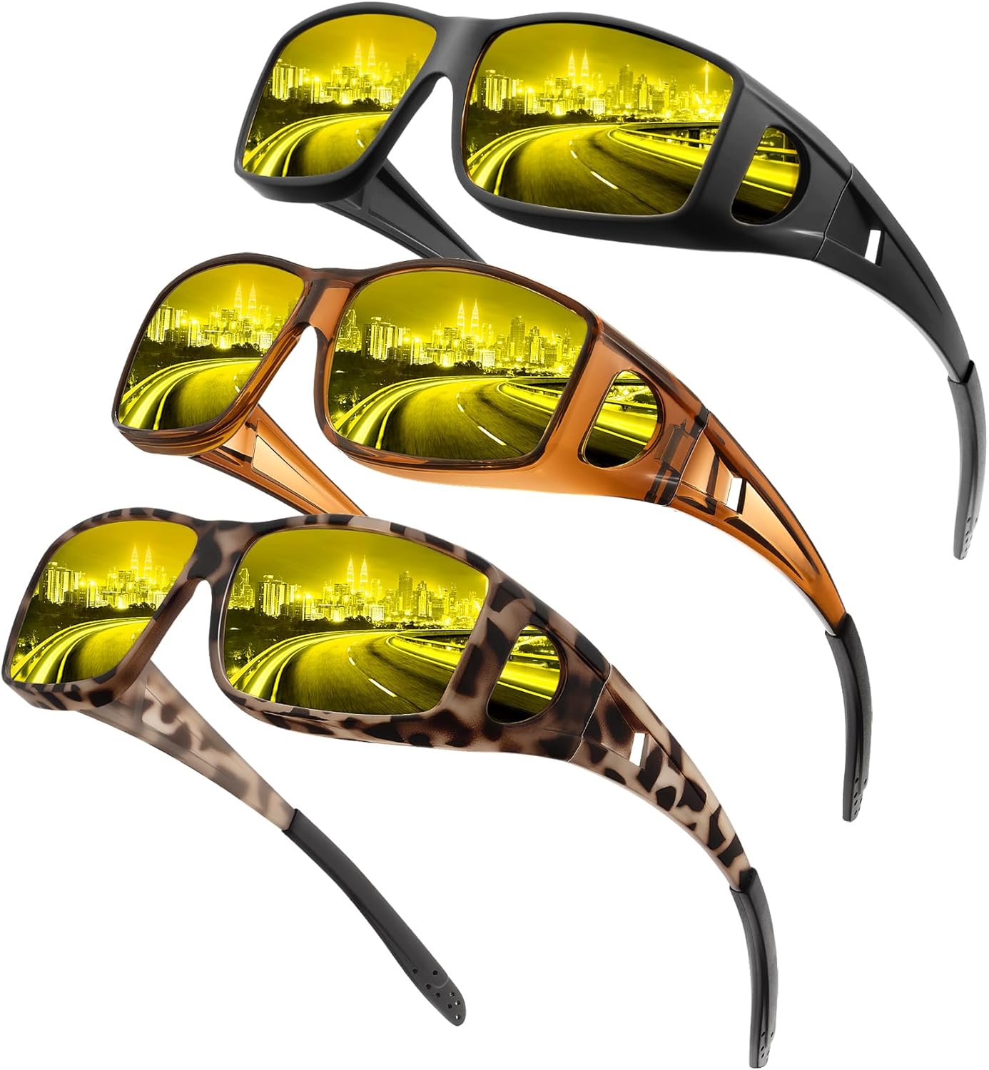 Night Vision Glasses, Fit Over Glasses Mens Womens, Wrap Around Anti Glare HD Night Vision Lens for Night Driving