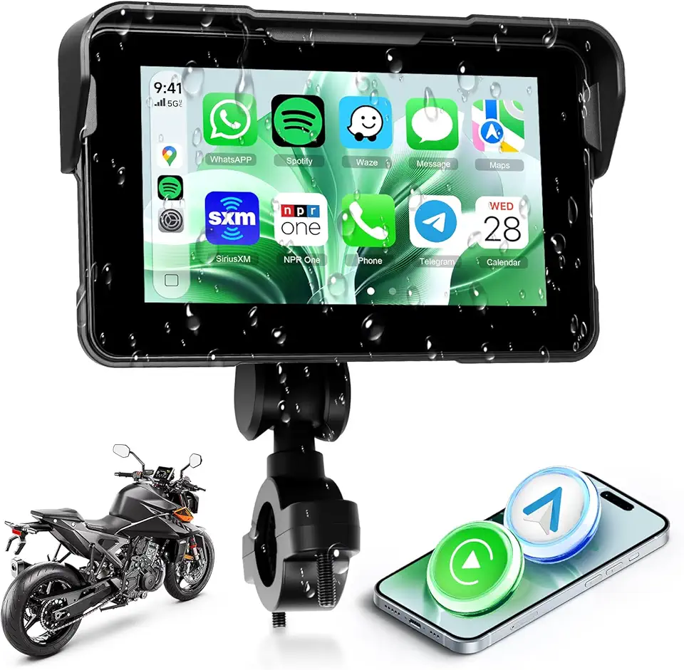 Tela veicular para motocicleta de 12 cm, CarPlay sem fio e Android Auto com suporte de design, à prova d'água, compatível com navegação GPS/transmissão Bluetooth