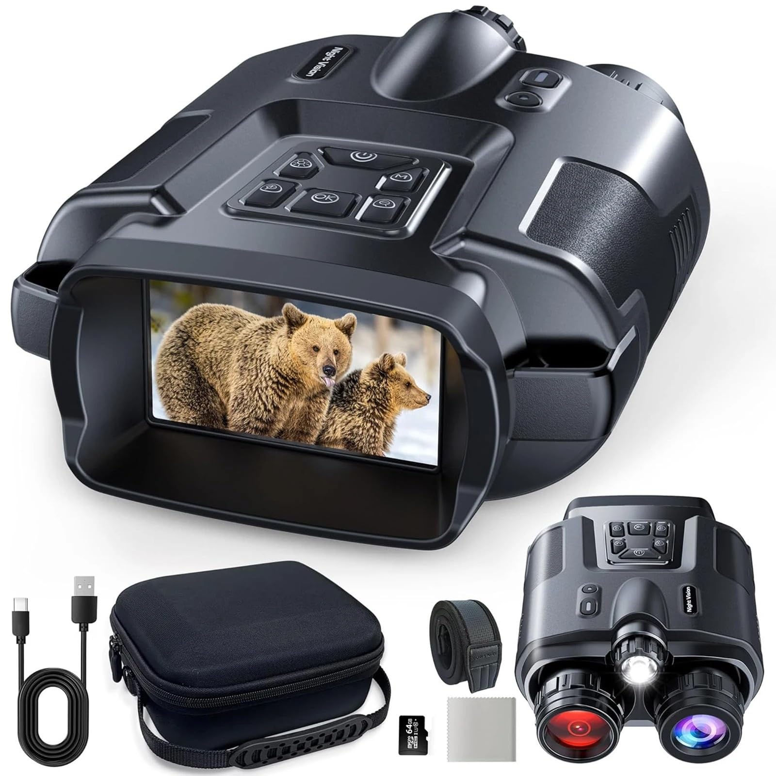 4K Night Vision Binoculars 32GB Infrared Night Vision Goggles 3” Large Screen 8X Digital Zoom Tactical Light for Camping Hunting