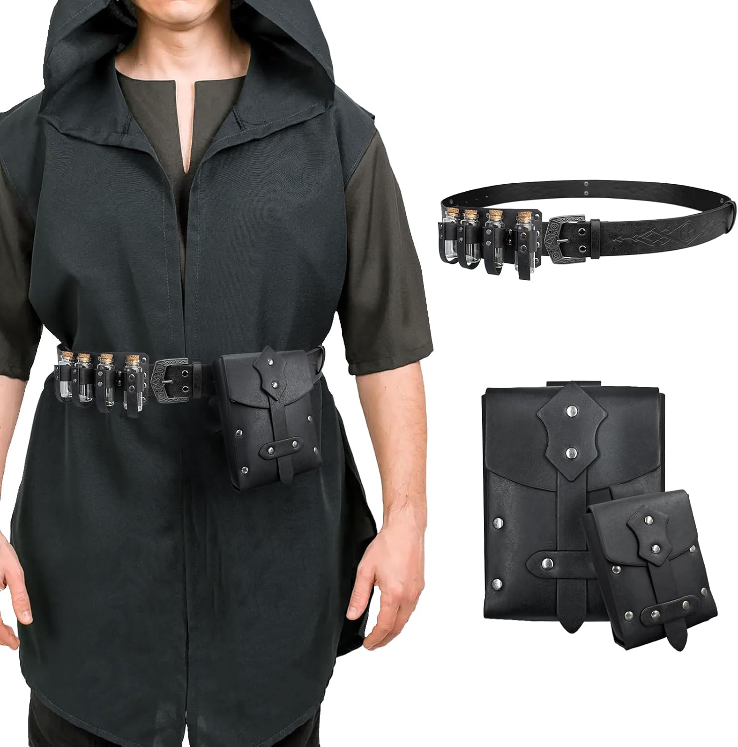 Medieval Alchemy Belt Waist Pack Combo with Multiple Potion Bottles, Viking Rivet Belt Side Pouch for Cosplay - Image 2