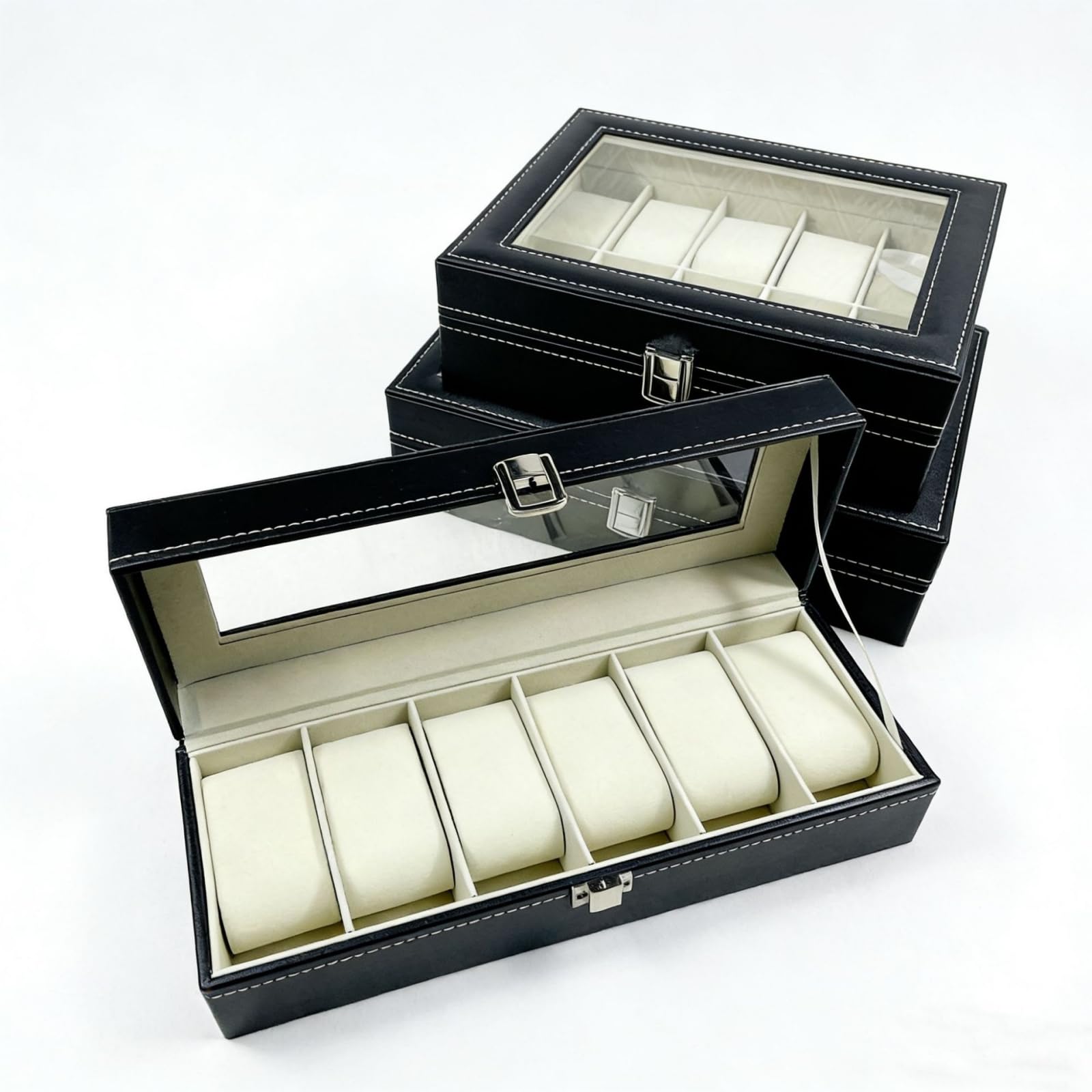 Boîte Montre Similicuir Fenêtre Acrylique Étui Organisateur 3 6 10 12 Emplacements Vitrine Rangement Set - C