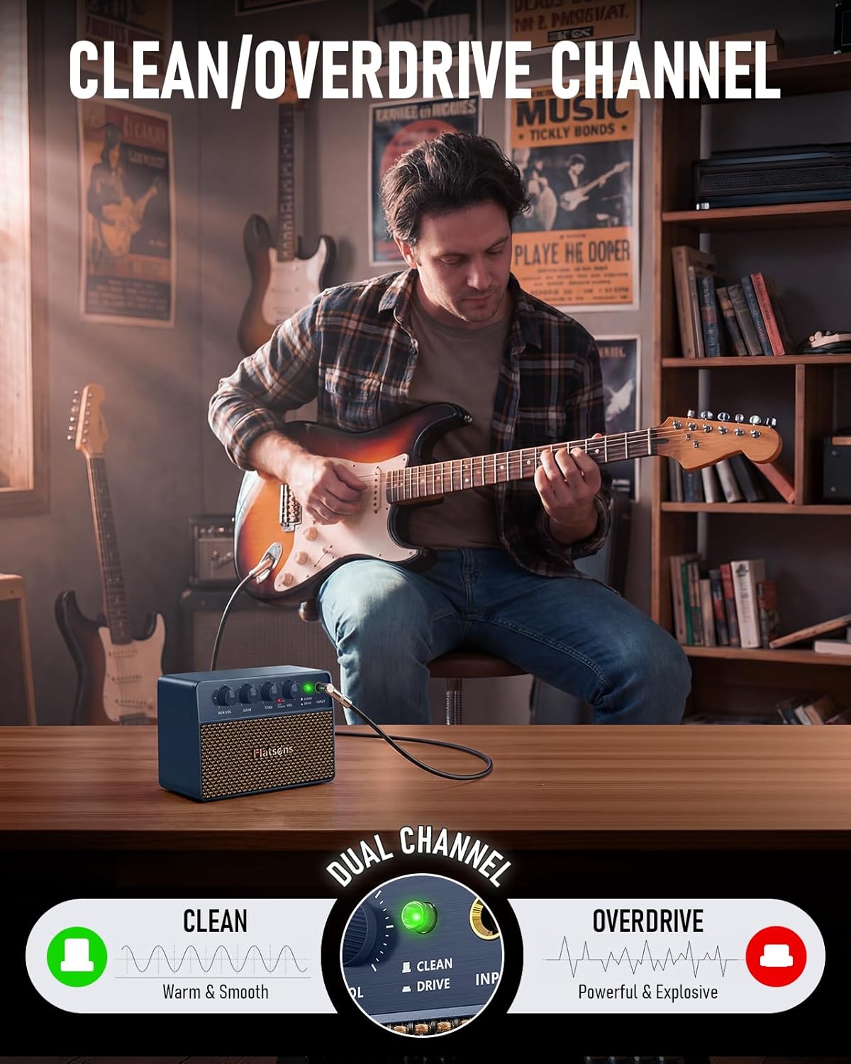 FBA-10 Guitar Amplifier, Drive/Clean Tone Electric Guitars Amp, 10W Mini Portable Amp with Type-C Rechargeable Battery 6H Work, Wireless Vintage Guitar Speaker for Practice Travel (Blue) - Image 3