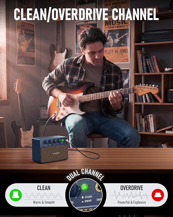 Flatsons FBA-10 10W Portable Rechargeable Electric Guitar Amp | Drive/Clean Dual Channel, Mini Size, 6H Battery Life, USB-C Charging, Wireless Vintage Speaker, for Practice & Travel, Blue