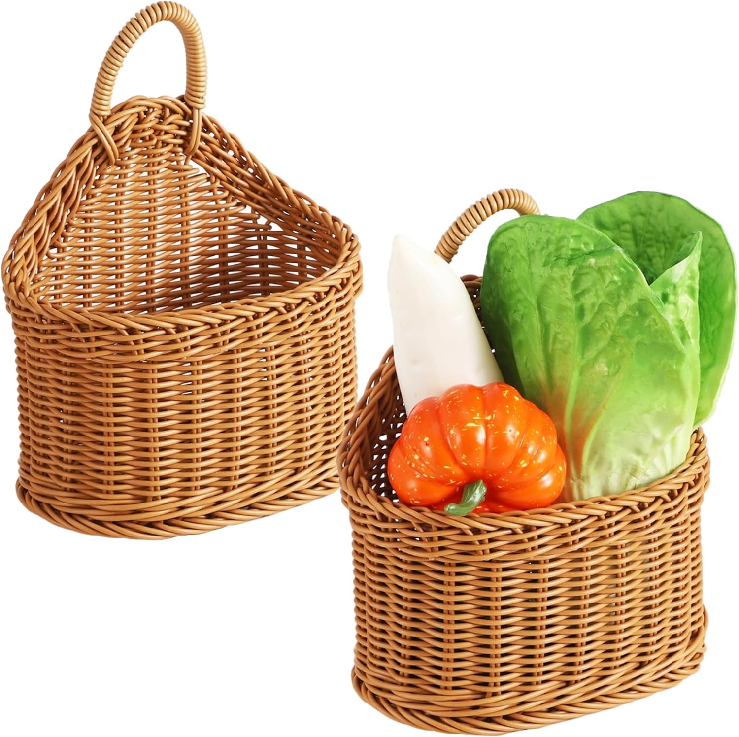 2 Pcs Wall Hanging Storage Baskets, Faux Rattan Woven, 7.48 X 7.09 X 4.33 in, Kitchen, Pantry, Bathroom, Stylish Organization