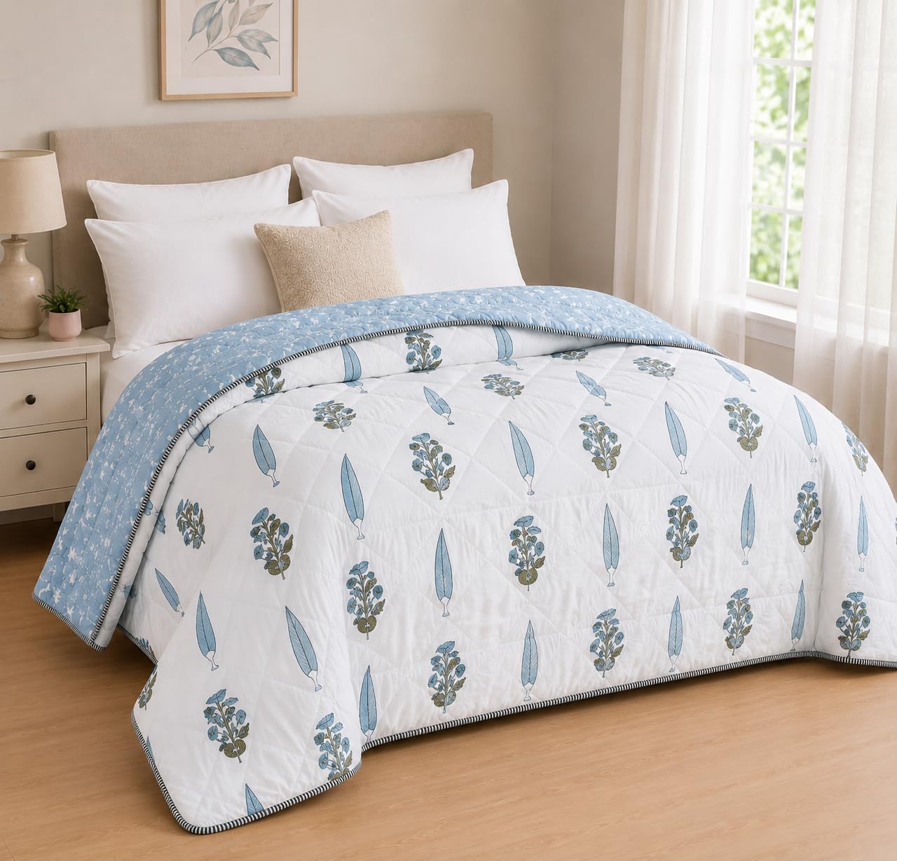 COZY FURNISH Cotton Jaipuri Comforter for Double Bed | Floral Print Lightweight Rajai | 200 GSM AC Quilt | Soft Breathable Summer Quilt | Pack of 1-image-20
