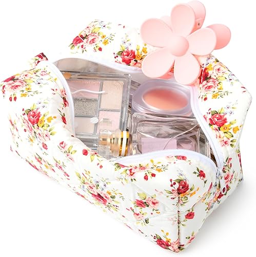 Miniatura 8 de Bolsa de maquillaje floral acolchada para cosméticos, bolsa de maquillaje de coqueta inflada, bolsa de maquillaje estética grande de viaje,