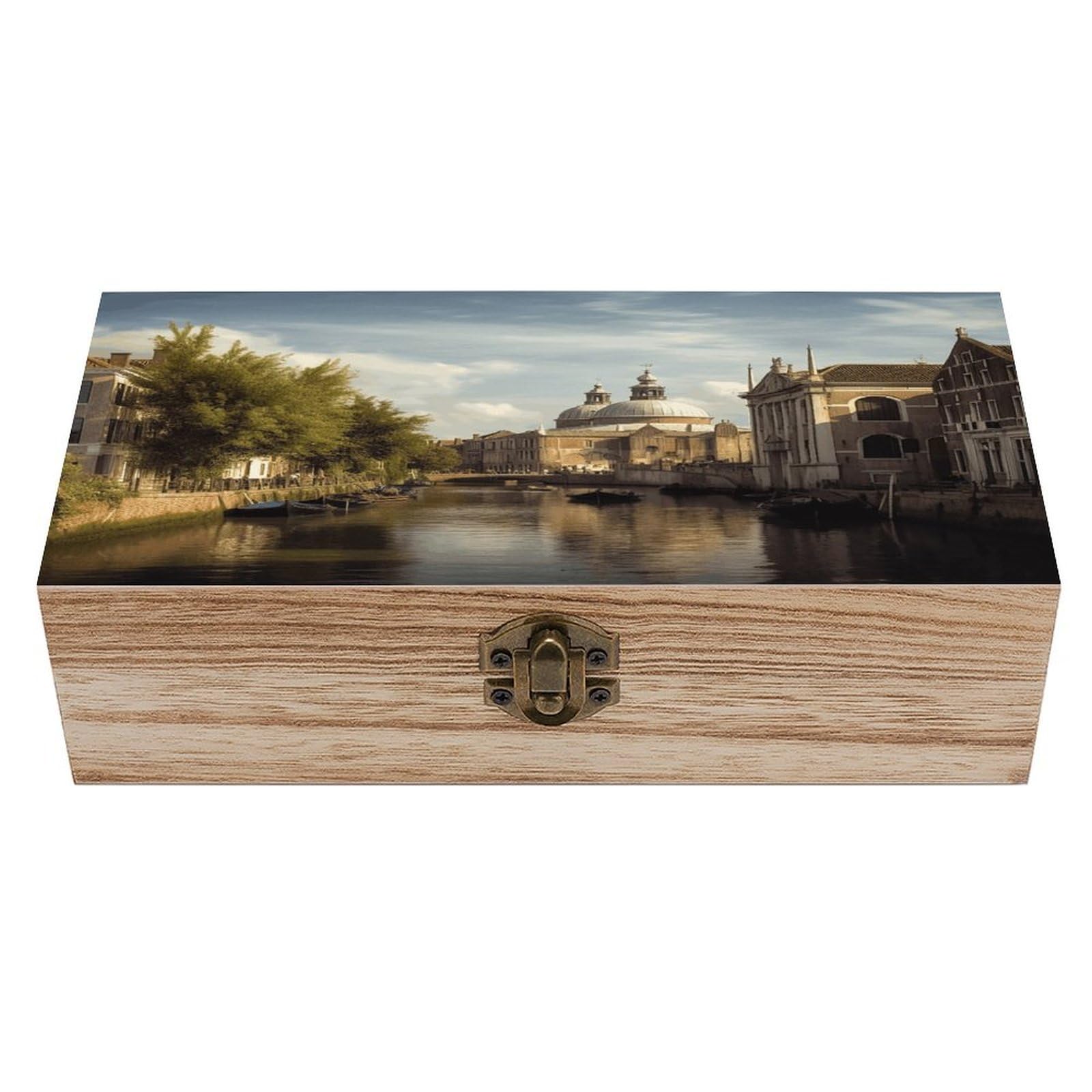 Coffre de rangement en bois avec couvercle rétro design canal et église