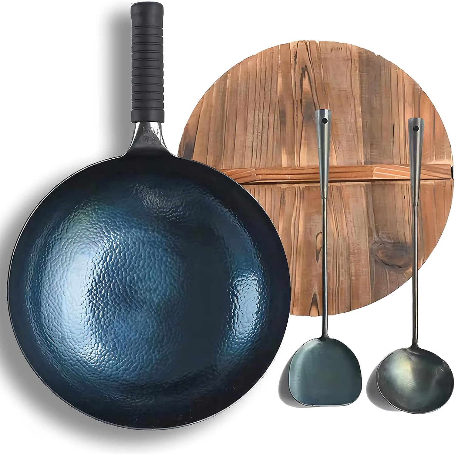 Jiu Bu Traditional Chinese Iron Woks With Wooden Iid And Wok Spatulas