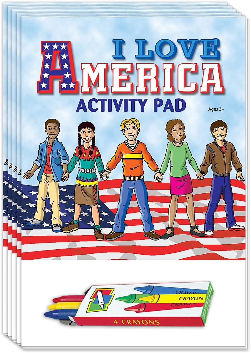 ZOCO - I Love America - Mini Activity Pads (50 Bulk Pack With Crayons) - Patriotic, 4th of July, Memorial Day Party Favors, Goodie Bag Stuffers, Mazes, Word Search, Puzzles, Activities for Kids