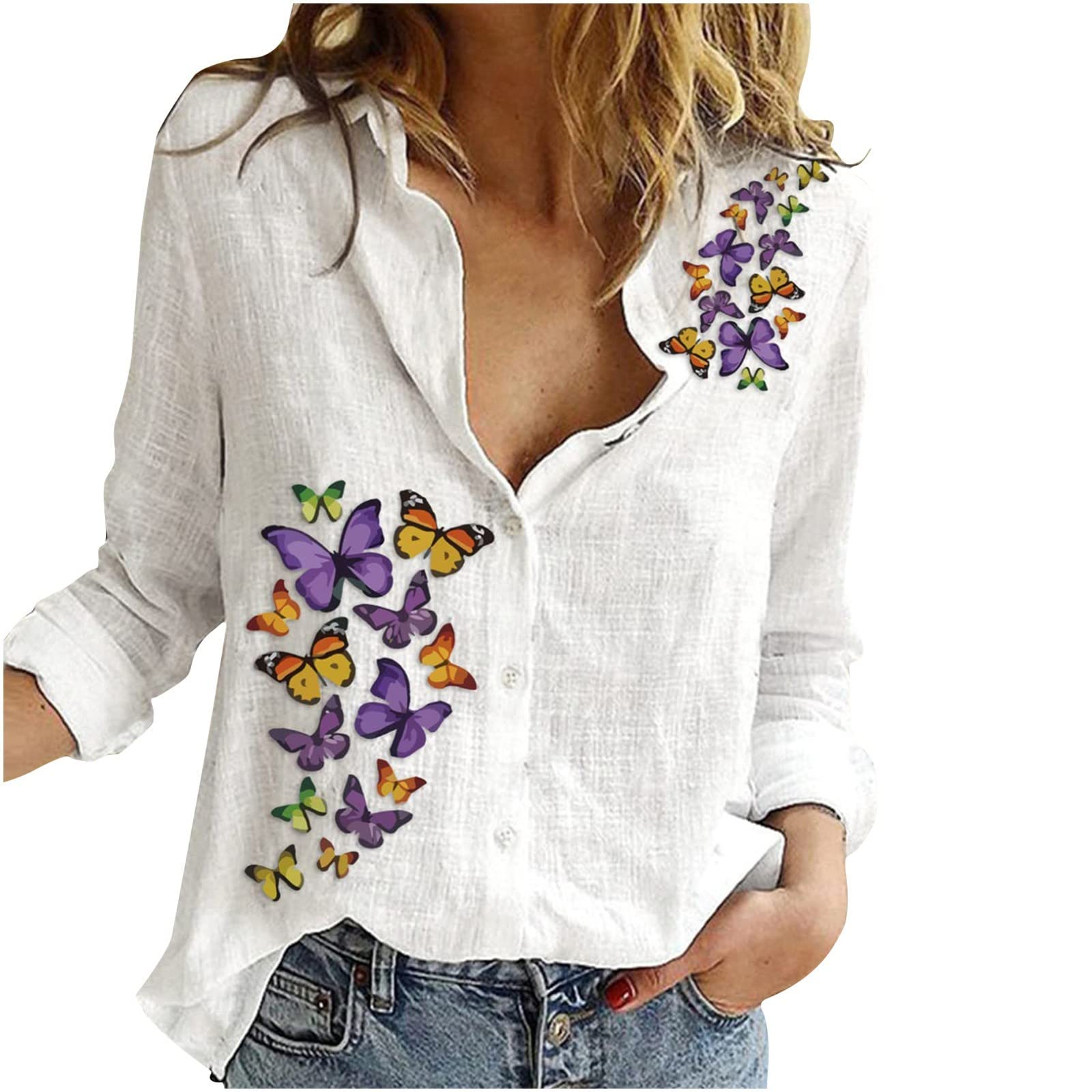 Yolimok 2023 Camisa de Manga Larga Mujer Elegante Mariposa Impresión Camiseta botón oficina Blusa Moda Cuello en V cárdigan Suelto Casual Primavera verano Jersey basic Fiesta original Tops T-Shirt