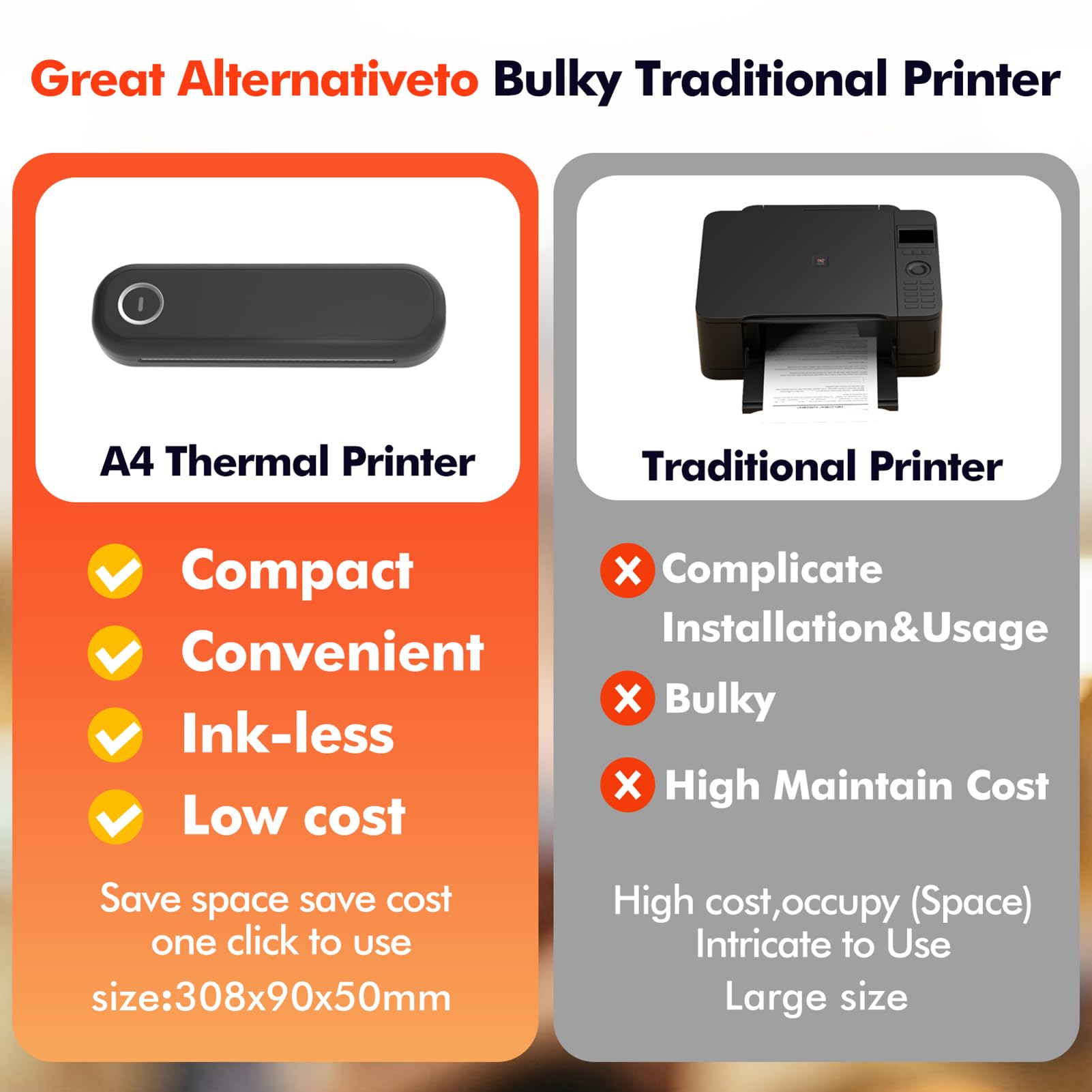 Stampante Termica A4 Senza Inchiostro, Stampante Portatile Bluetooth | per Cellulare e Computer, Supporta Carta Multisize, per Ufficio Viaggi, Studio, Casa