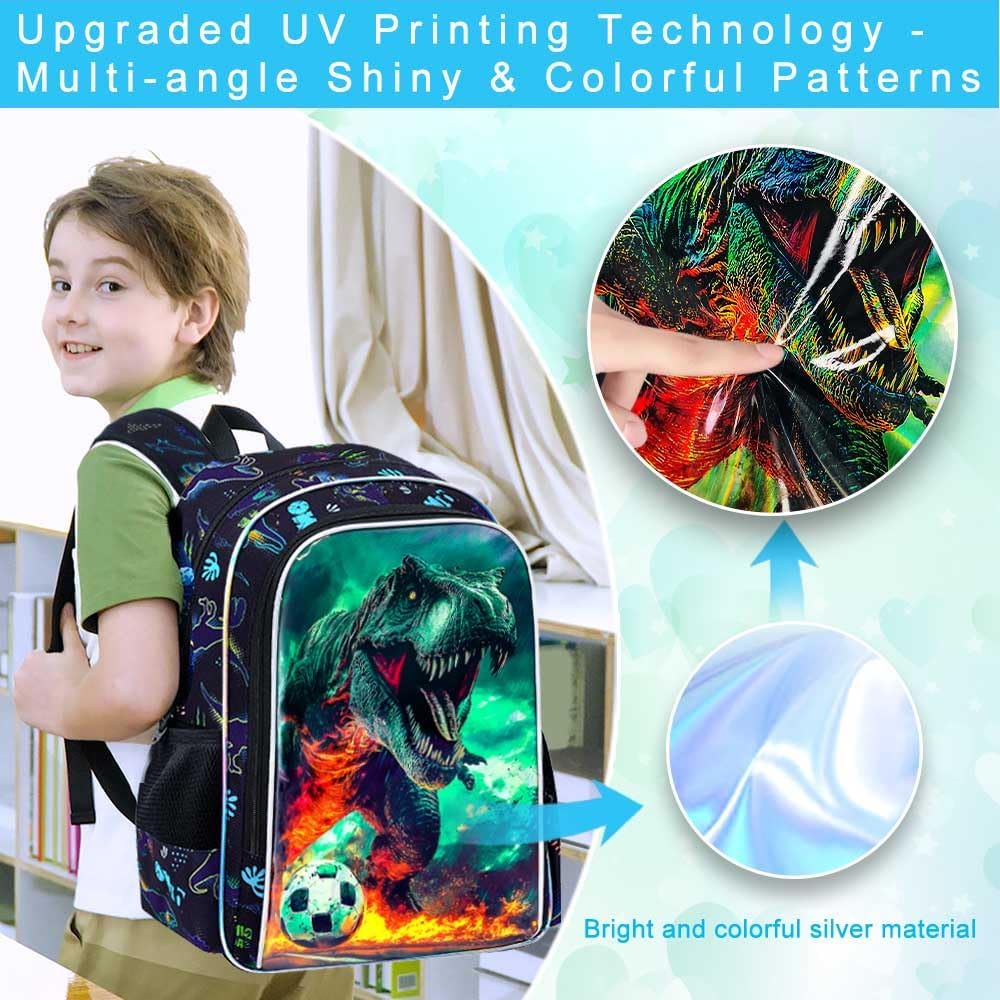 KLFVB 3PCS Boys Dinosaur Backpack Set, Water Resistant 16" Preschool Bookbag for Kids with Lunch Box - Soccer Dinosaur