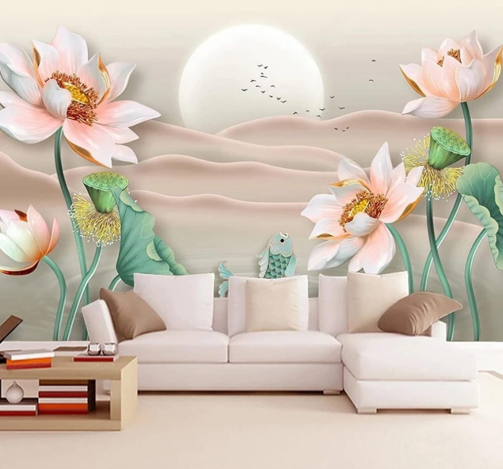 XLMING Beautiful Pink Lotus Small Fish Landscape 3D Wallpaper Luxury Home Dining Decor Paste Sofa Living Room The Wall for Bedroom Mural-250cm×170cm