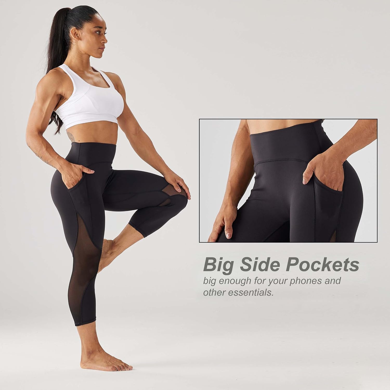 ONGASOFT High Waisted Yoga Pants for Women Running Workout Mesh Leggings Side Pockets Squat Proof Tummy Control