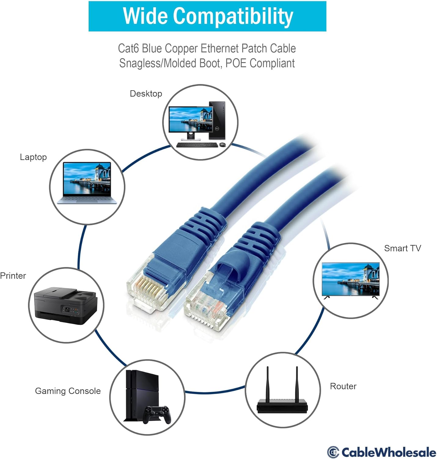 CableWholesale Cat6 Ethernet Cable, 24AWG, RJ45 Gold Plate Connector, 4 Pair Stranded Copper, Snagless Boot Unshielded Twisted Pair (UTP) Internet Network Patch Cable, 50 Foot, Blue