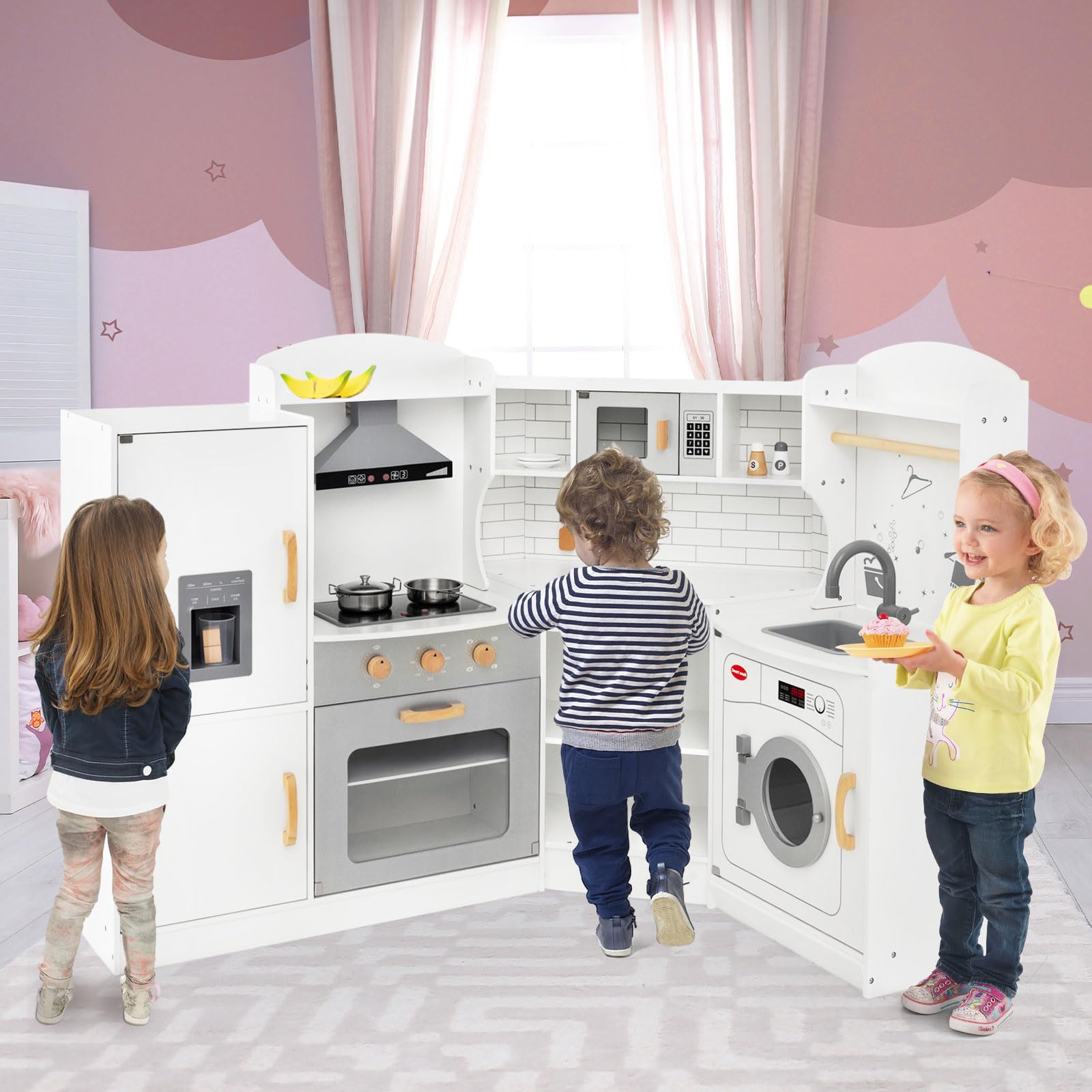 COSTWAY Set Gioco da Cucina per Bambini d'Angolo, Cucina Giocattolo in Legno con Macchina di Ghiaccio, Microonde, Lavatrice e Accessori, con Suoni e Luci, per Bambini 3-10 Anni (Bianco)