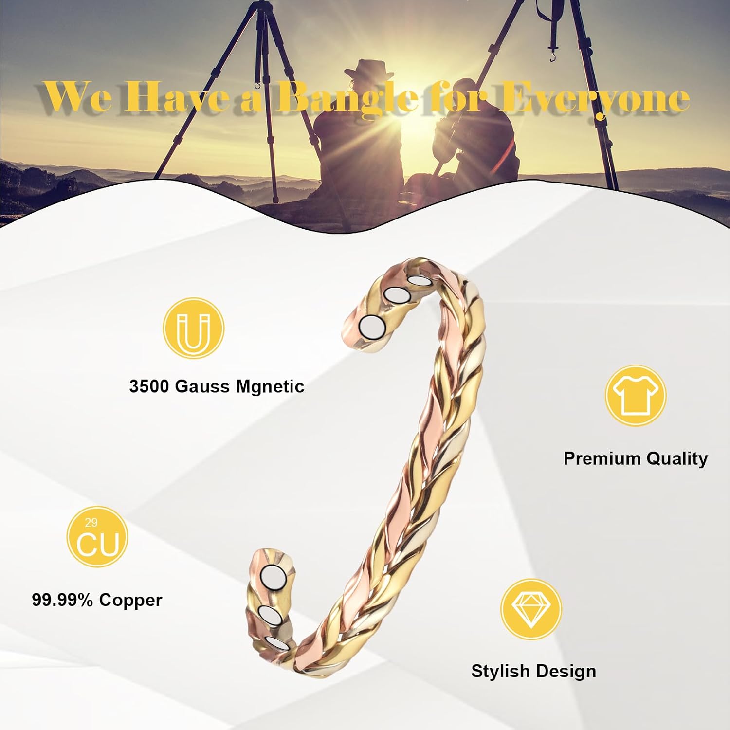 Copper Bracelets for Women, 99% Pure Copper Adjustable Tricolor Gold Braided Bracelet Jewelry Gift (2pcs 1004)