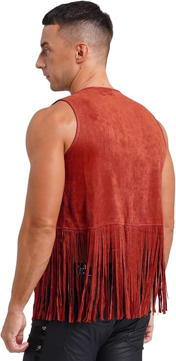 Jugaoge Men Fringe Vest Studded Detail Open Front 70s Hippie Suede Jacket Cowboy Western Tassel Tops