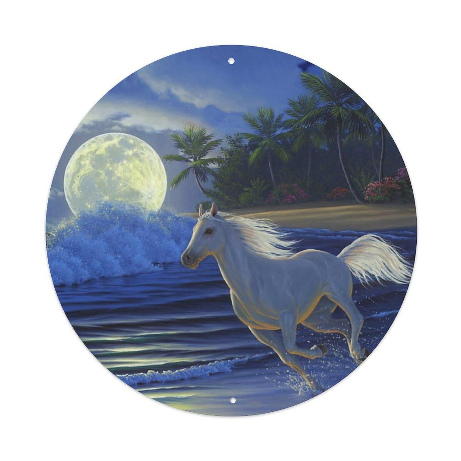 Horses Art A White Horse Running Under The Moonlight Vintage Metal Tin Sign Plaque Wall Decor for Cafe, Club, Garden Round Metal Poster 8x8Inch