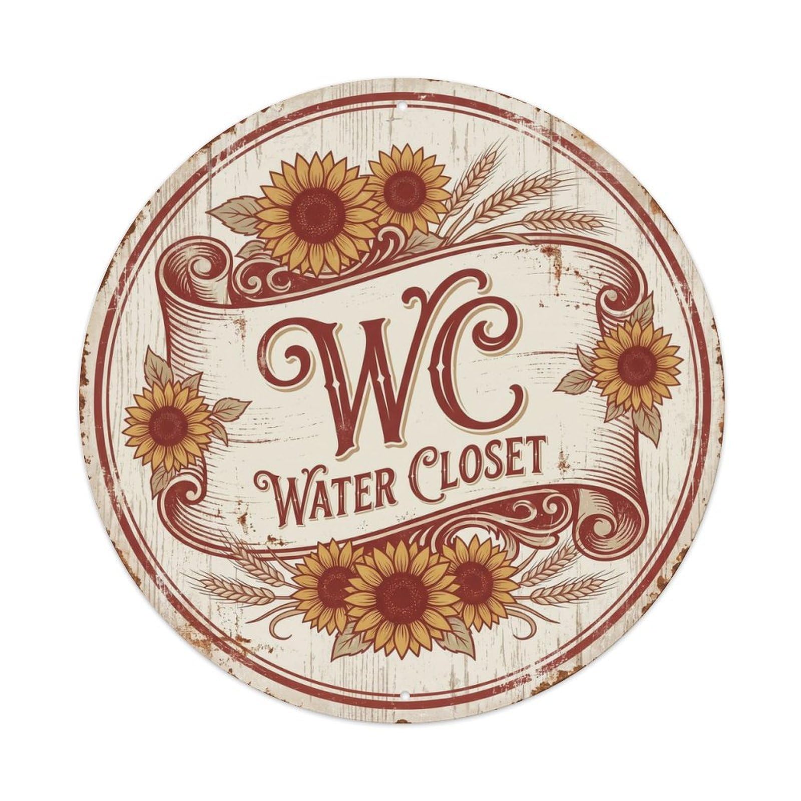 Toilet （WC） Shabby Farmhouse Ornament Metal Tin Sign Plaque Wall Decor for Cafe, Club Bar, Office, Home Garden Round Metal Poster 8x8Inch